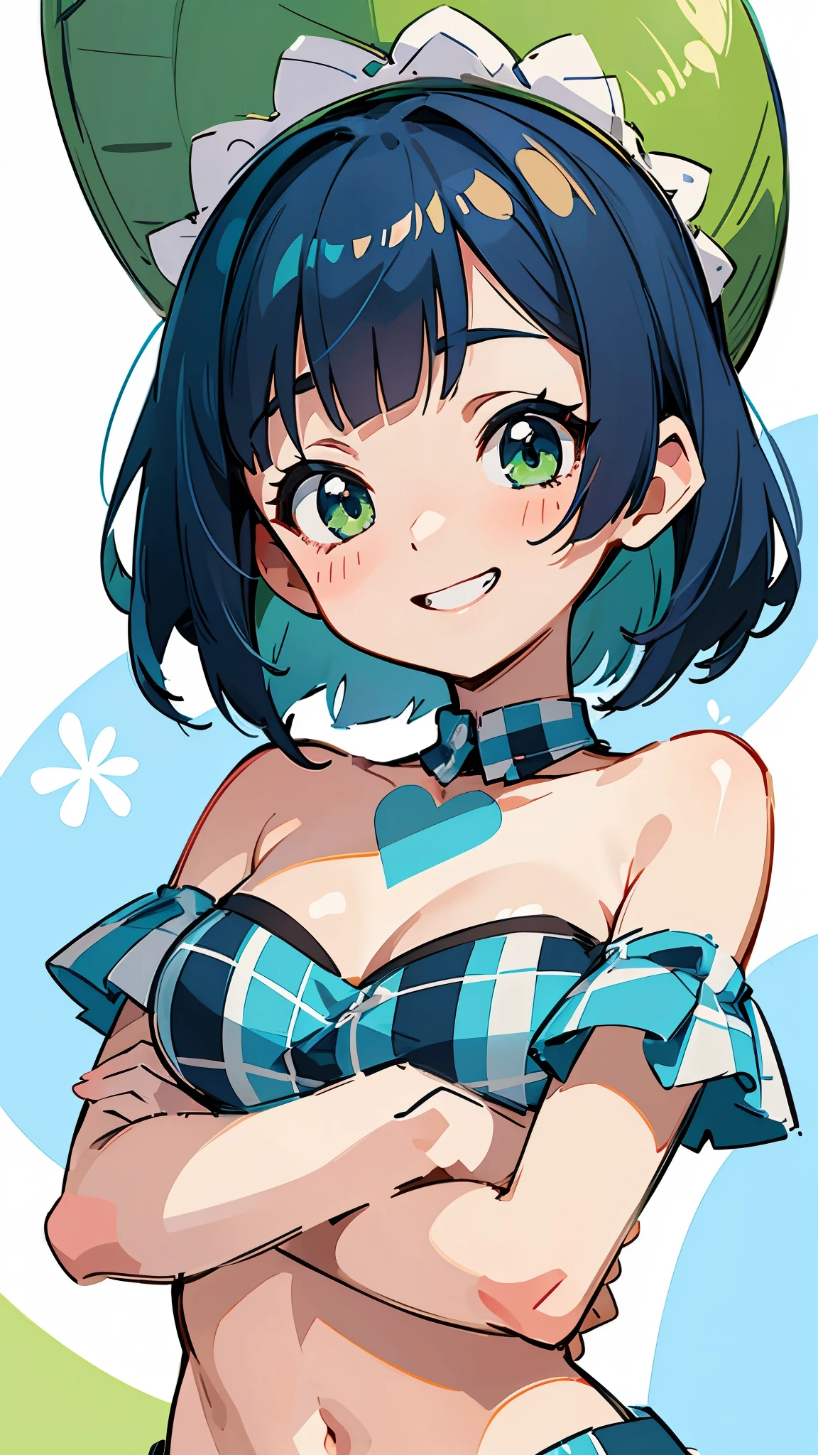 1 girl、anime painting、Dark blue hair、Bobcut、Beautiful green eyes、Grin、Vibrant colors、black and white tube top bra、Gingham check tube top bra、Upper body close-up、I was happy、Fold your arms in front of your chest、Looks like a lot of fun