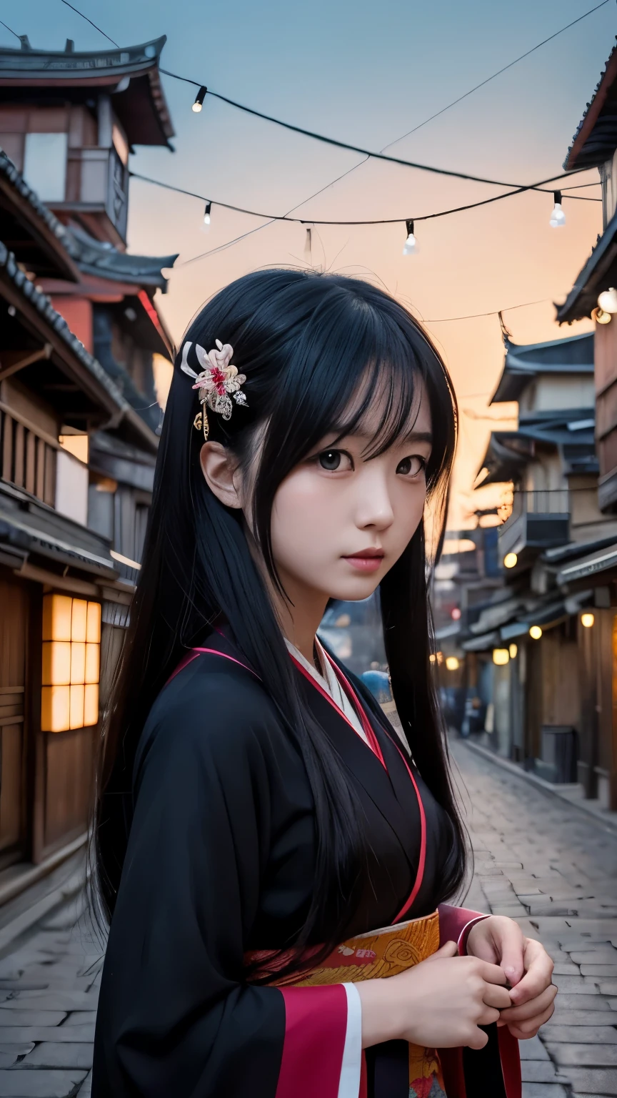 Mao Changyu、Japanese legendary monsters。Drawn in anime style、A charming and mysterious woman。She has very long black hair、Her hair is flying around。Her kimono is simple yet beautiful、It creates a mysterious atmosphere。Her expression is cold、Fascinating yet a little sad。Behind me are dimly lit old buildings and night scenery.、There's a fantastic light all around her.。The overall color tone is dark.、Mysterious and terrifying style。The characters are carefully drawn in detail、It is finished in a modern anime style.