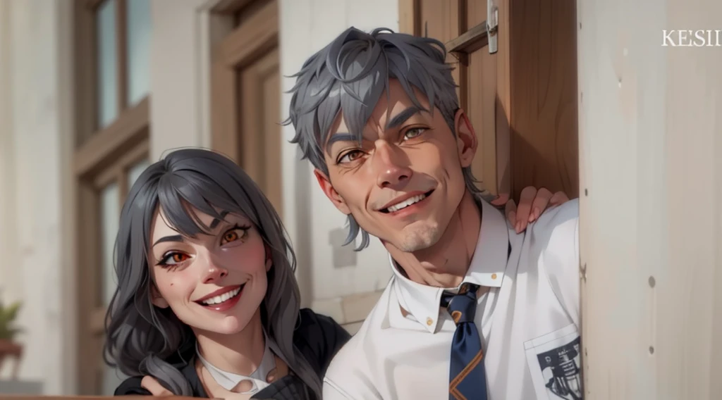  gray hair orange eyes, They are smiling mischievously