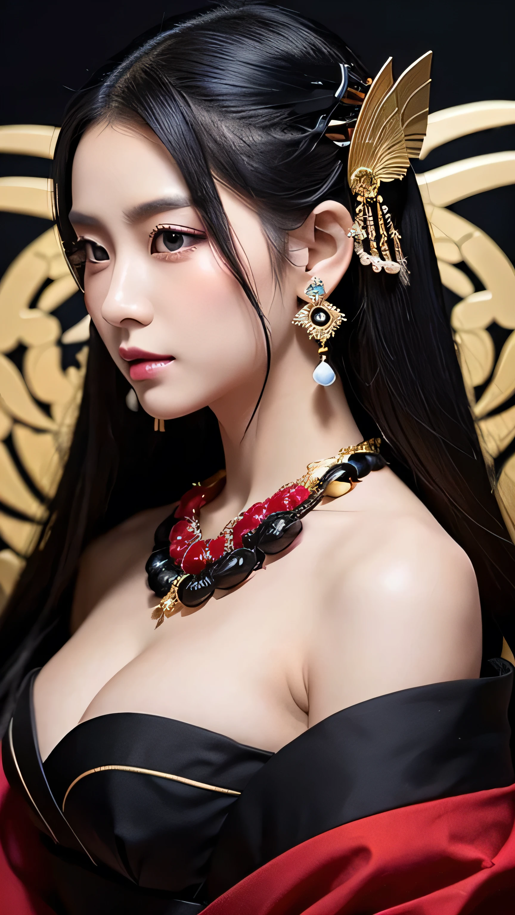 ### Prompt: Japanese-Inspired Beelzebub, Queen of the Flies
Create an ultra-realistic and haunting depiction of Beelzebub, the queen of the flies, reimagined with Japanese aesthetic influences. She is a terrifying and majestic figure, combining traditional Japanese elements with her grotesque and menacing presence.
**Overall Appearance**:
- **Height**: Towering and imposing, around 6 feet tall.
- **Body Type**: Slender yet powerful, with a form that exudes both grace and menace. Her skin is a pale, almost translucent white, with a slight blue undertone, giving her an otherworldly appearance.
**Facial Features**:
- **Eyes**: Large, almond-shaped eyes with a dark, piercing gaze. Her irises are a deep, hypnotic black, contrasting starkly with the whites of her eyes. Her eyes are framed by long, dark eyelashes.
- **Mouth**: Sharp, delicate features with a small, crimson mouth that reveals sharp, jagged teeth when she smiles. Her lips are often painted in a traditional geisha style.
- **Horns**: Two elegant, curved horns made of polished black jade protrude from her forehead, curving gracefully backward.
**Hair**:
- **Style**: Long, flowing black hair styled in a traditional Japanese updo, adorned with delicate kanzashi hair ornaments. Strands of hair occasionally escape, giving her a wild, untamed look.
**Attire**:
- **Kimono**: A beautifully intricate kimono made of dark silk, embroidered with patterns of flies, spiders, and other insects. The kimono is a deep, rich black with accents of red and gold. The obi is tied elegantly at her back, adding to her regal appearance.
- **Accessories**: Traditional Japanese jewelry, including jade earrings and a beaded necklace. She also wears an ornamental kanzashi hairpin, depicting a fly made of precious stones.
**Wings**:
- **Appearance**: Large, semi-translucent wings resembling those of a dragonfly, with intricate patterns and a slight iridescent sheen. The wings are delicate yet intimidating, extending from her back and