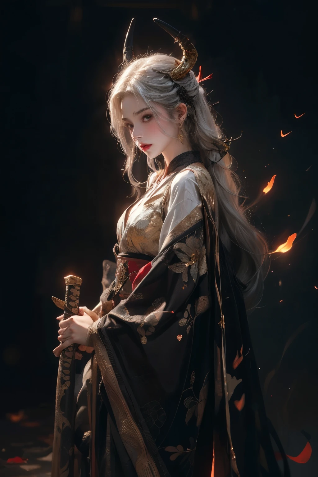 ((gold, black, red, flicker)), ninja, limited palette, contrast, phenomenal aesthetics, Best quality, luxurious work of art, Young woman, White hair, katana, horns