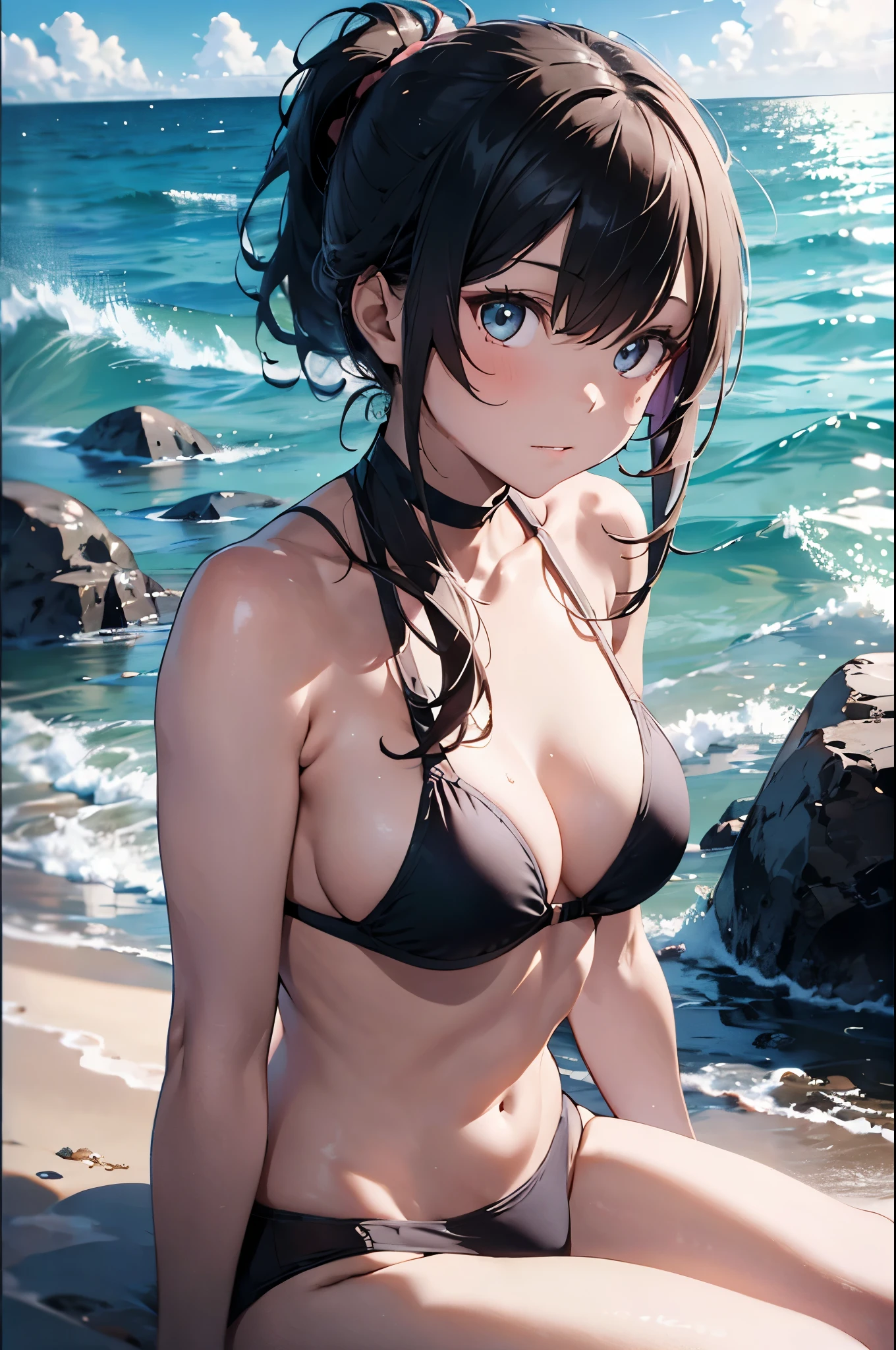 High resolution,topless、
One beautiful young woman,Light blue hair、ponytail、
(Soft Saturation:1.3), (Fair skin:1.2),
(ultra-Detailed Background, Detailed Background), Bokeh,
break&#39;Portrait of a smiling girl.,
When viewed from the front, The composition is symmetrical,
Looking straight at you with serious eyes,
break Swimwear, White Bikini, Center of chest, 
Outdoor, Sea surface, null, sunlight,Summer beach, Sandy Beach,
Strong light, Front lighting, 
(Teen:1.3), (Cowboy Shot:1.2),
Front brake angle,
View your audience,
Dynamic pose,
sitting on the beach

Seaweed、Seaweed、Seaweed、Seaweed、Seaweed、Seaweed、Seaweed、