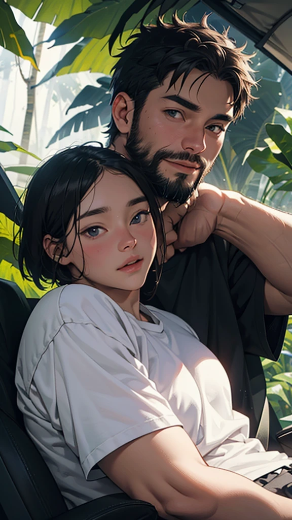 A couple went to the jungle, I was having a party while camping, he was wearing short clothes, he had big cheeks, a wide face and a beard, he was traveling, he was watching movies.