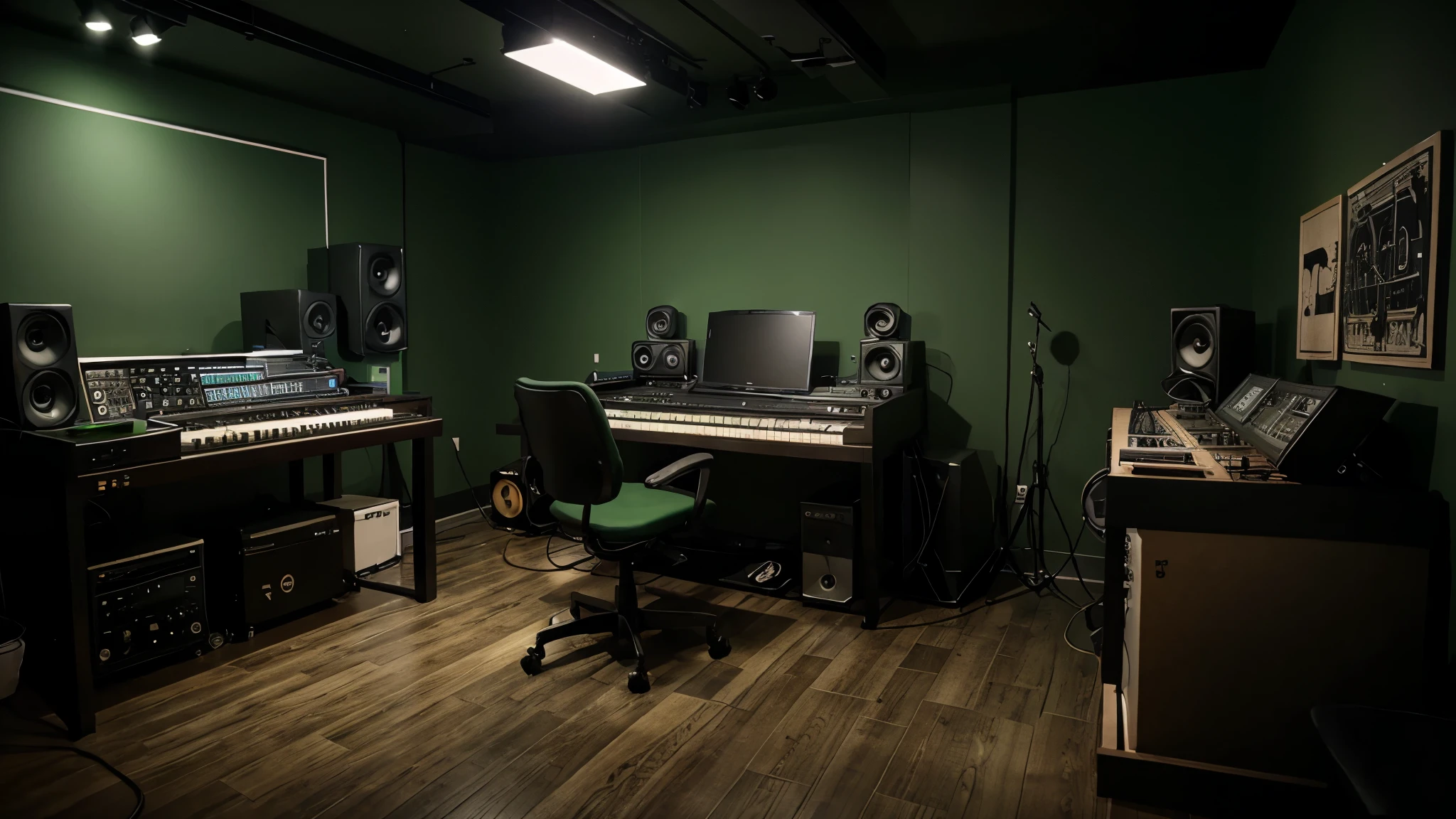 a music studio room, dark colors, green details