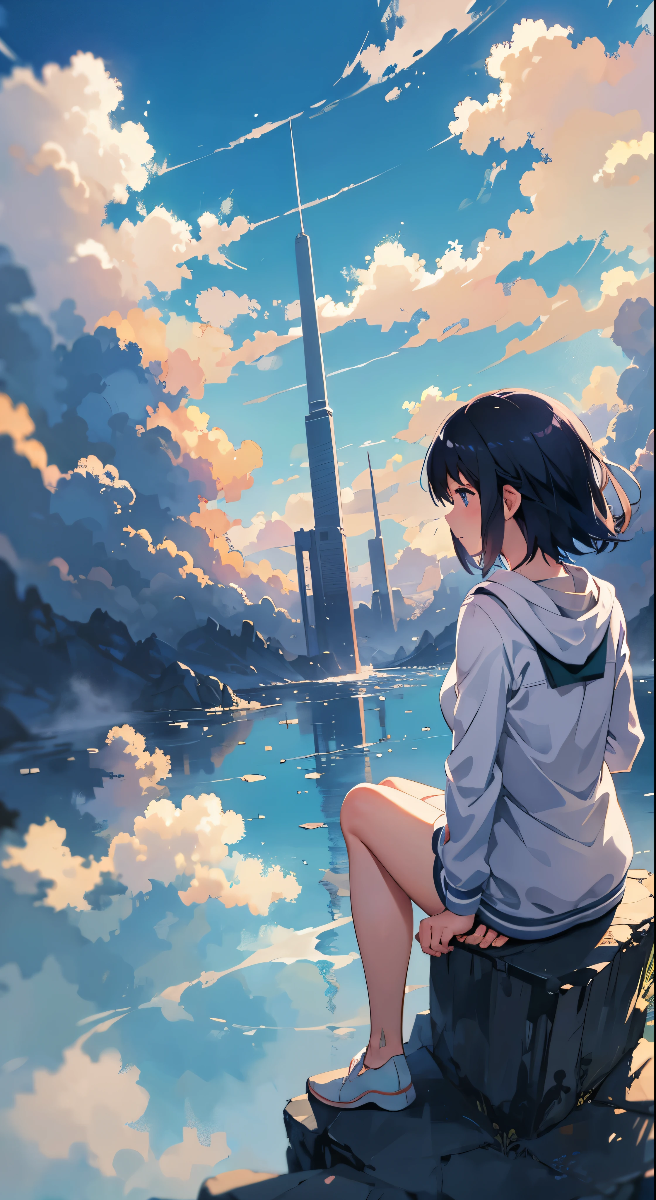 anime girl sitting on a rock looking at the sky,a sky piercing tower far far away, makoto shinkai cyril rolando, anime art wallpaper 4 k, anime art wallpaper 4k, cyril rolando and goro fujita, anime art wallpaper 8 k, 4k anime wallpaper, anime wallpaper 4 k, anime wallpaper 4k, ( ( makoto shinkai ) ), makoto shinkai!