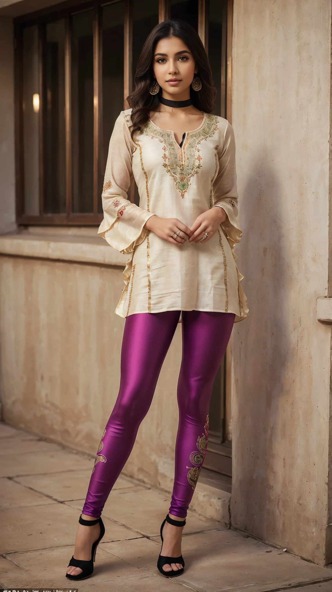 ((photo of 20 year old beautiful girl, beautiful and charming girl)), ,
((((Full body shot:1.5)))), (full body in picture), (full body photo Close-up photo of the shin), (Indian babe), (attention standing posture, separate legs), (looking at viewers, front view shot, from_fronts),
best quality, movie studio lighting, illustration at Very detailed, ultra high resolution, depth of field, caustic, natural shading, masterpiece, hyper realistic, hyper detailed, photorealists, 8K, HDR, High resolution, (1girl), (Blurry background), (Bokeh:1.2), RAW photo, complicated details, extremely detailed, candid picture, candid shots, extreme detailed, colorful, highest detailed, (iconic picture shot, perfect brightness, perfect contrast, perfect colour),
hair is one eye, purple eyes, Golden blonde hair, side bangs, sharp eyeliner, blush eyeshadow with thick eyelashes, lip gloss very delicate and beautiful, round chin, round earrings, sharp eyes, letter choker, (symmetrical eyes), (perfectly symmetrical body),
(pretty face, iconic face), (perky breasts, perfect rounded breasts, attractive breasts, perfect symmetrical breasts), (attractive body figure, perfect body figure, perfect figure, curvy_figure, straight body figure, wide body posture), skin_tight, (thin), smile,
(Fancy High heels),
(beautiful girl in Indian outfits), ,
(((Fancy kurta with skinny sleeves, (upper bodycon but down flared kurta), fancy kurta, iconic kurta, embroidery kurta, skinny long sleeves, elegant ruffled kurta), (fancy leggings, beautiful leggings, leggings))),