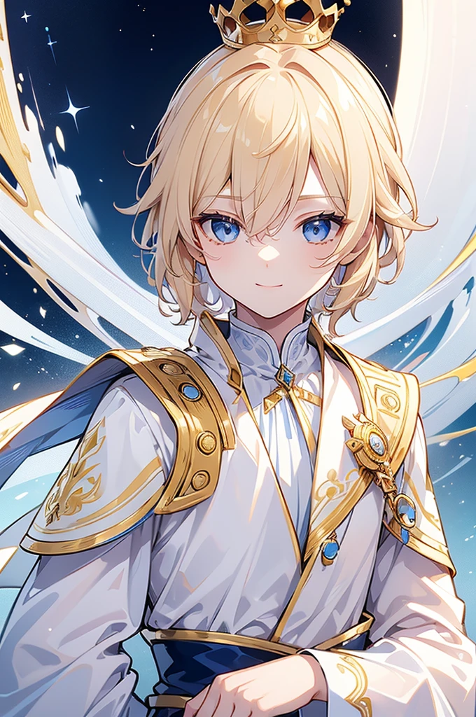 (Highest quality) (4K) (8k) (High resolution) (masterpiece:1.2) (Super detailed) One boy short hair Wizard Blue Eyes Long sleeve Golden decoration Hair between the eyes White Dress Wavy golden hair Upper Body (large crown) (White Background) (profile) Face close-up Young smile