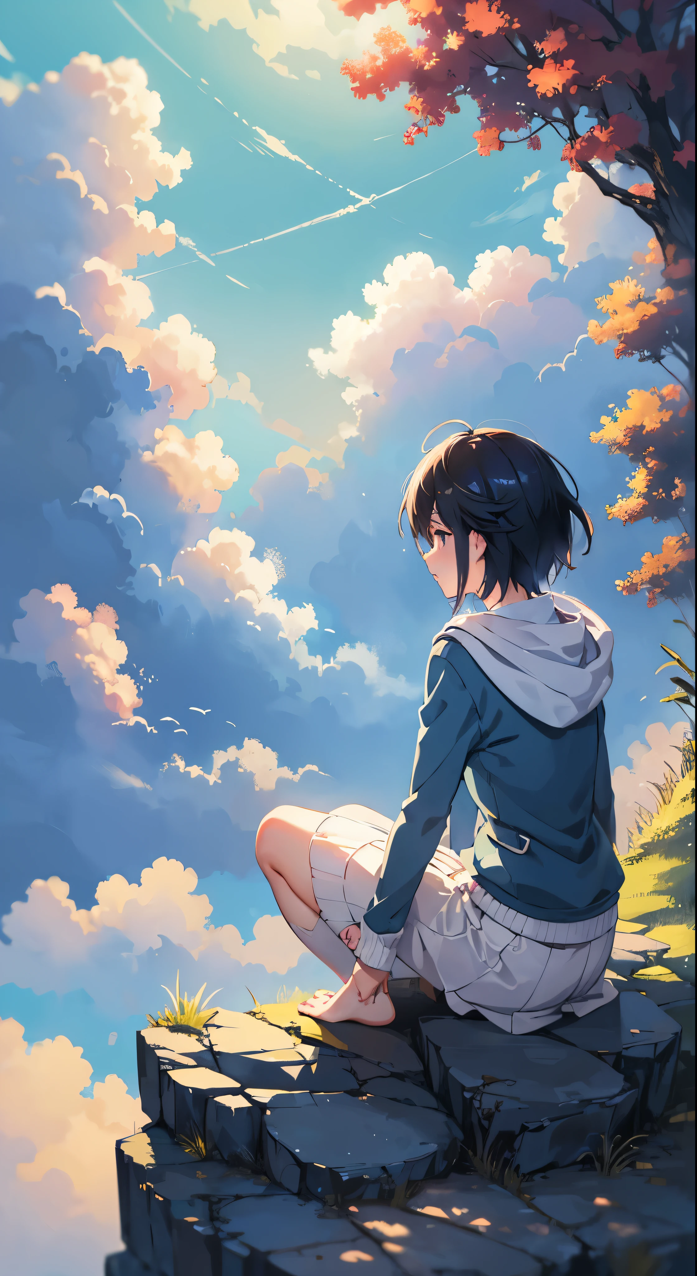 anime girl sitting on a rock looking at the sky,a sky piercing tower far far away, makoto shinkai cyril rolando, anime art wallpaper 4 k, anime art wallpaper 4k, cyril rolando and goro fujita, anime art wallpaper 8 k, 4k anime wallpaper, anime wallpaper 4 k, anime wallpaper 4k, ( ( makoto shinkai ) ), makoto shinkai!