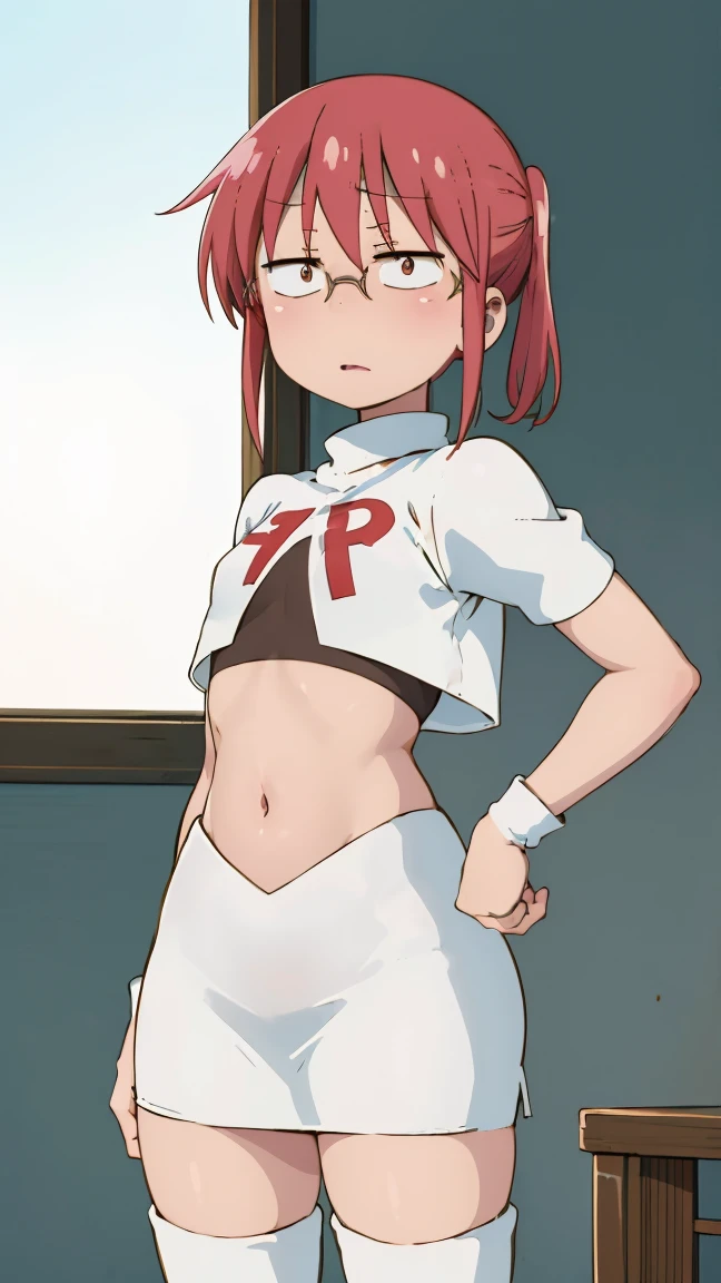 ((badhandv4)) Kobayashi, (Bust size very very small.)),  (flat chest:1.2), Posing embarrassed, team rocket uniform, white jacket, white skirt, thighhigh boots, midriff