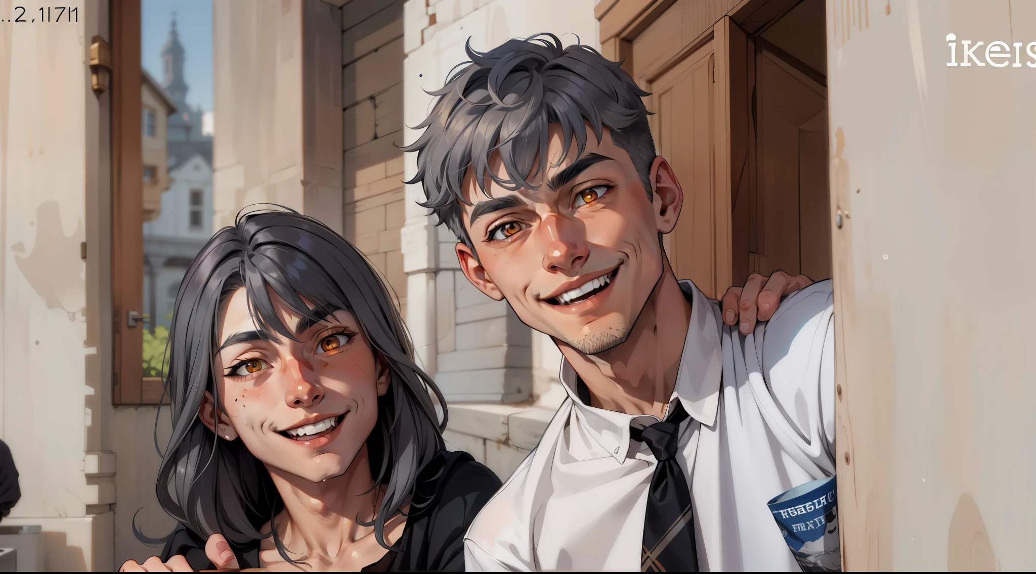 a boy and a boy, gray hair orange eyes, They are smiling mischievously