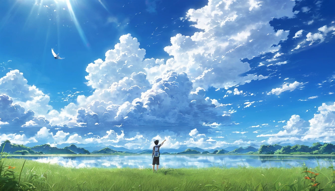 anime, anime landscape, Man watching the clouds, In the grassland, creative, Realist, White cloud, blue sky, Wonderful landscape, Man looking away from the camera, Wide Photography, Realistic grass, Flying Bird. The middle lake, The sky is reflected in the lake, student、youth、Hot summer sky、Raising his fist