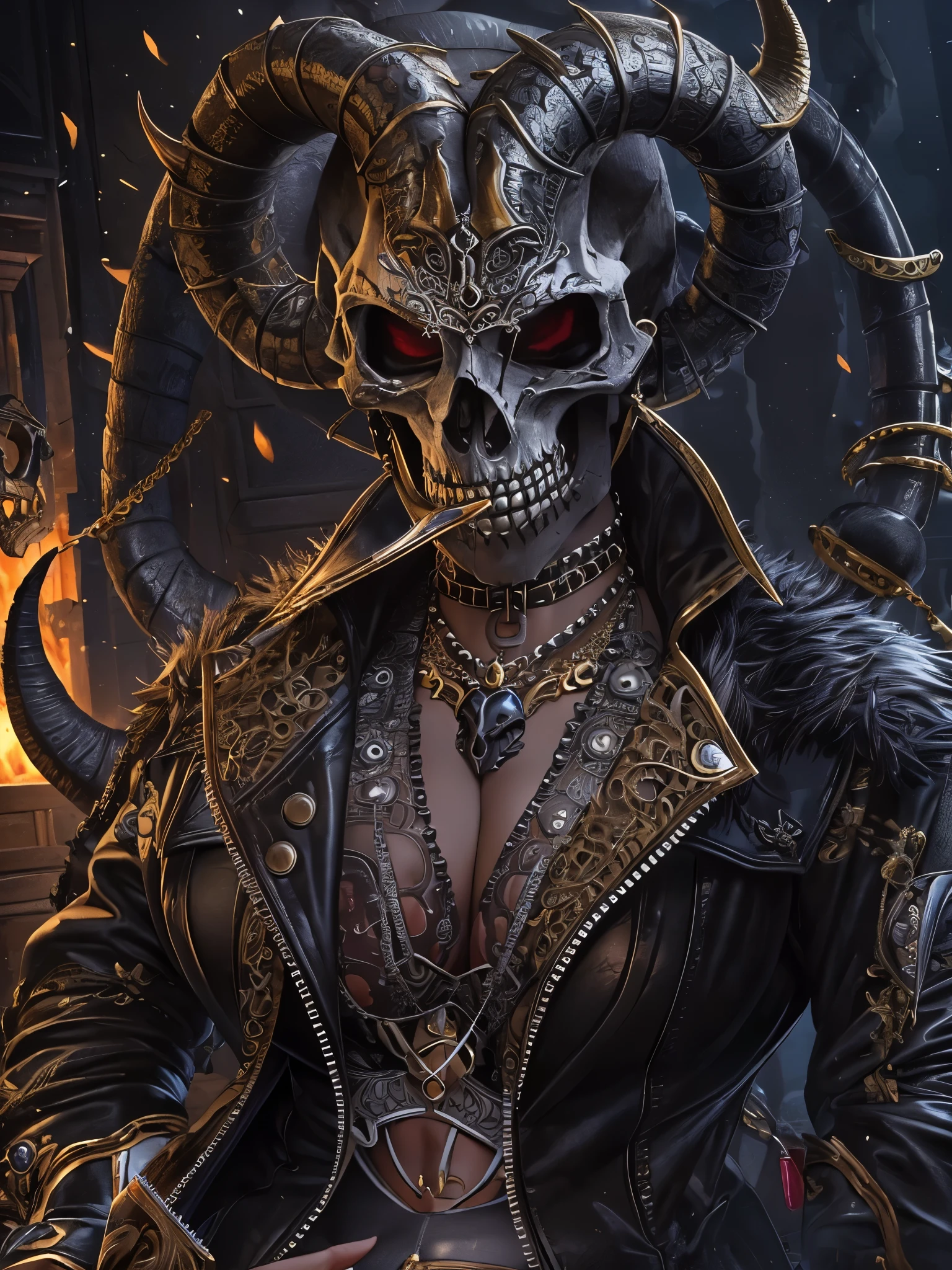 ((Highest quality)),(Ultra-high resolution),(Super detailed),(Detailed Description),((The best CG)),(masterpiece),Highly detailed art,(Art with precise detail:1.5), (Female Devil:1.5),(Great Horn:1.4),(Skull Necklace:1.4),(Cleavage:1.7),discharge:1.3,(belly button:1.6),(Racy Leather Suit:1.5),A long, undulating snake's tail:1.6, (Sunshine piercing the dark clouds:1.6),