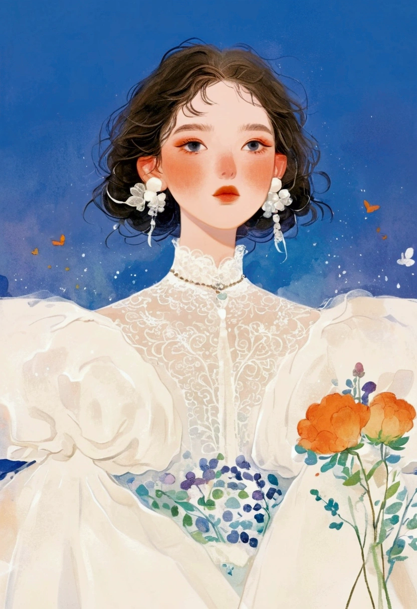 Pastel Art：1 beautiful and elegant girl，White的短发，Delicate hair，Exaggerated dress，多层Fluffy领子，Shoulder，Exaggerated sleeves，Fluffy，FluffyWhite薄纱，White+blue+orange color