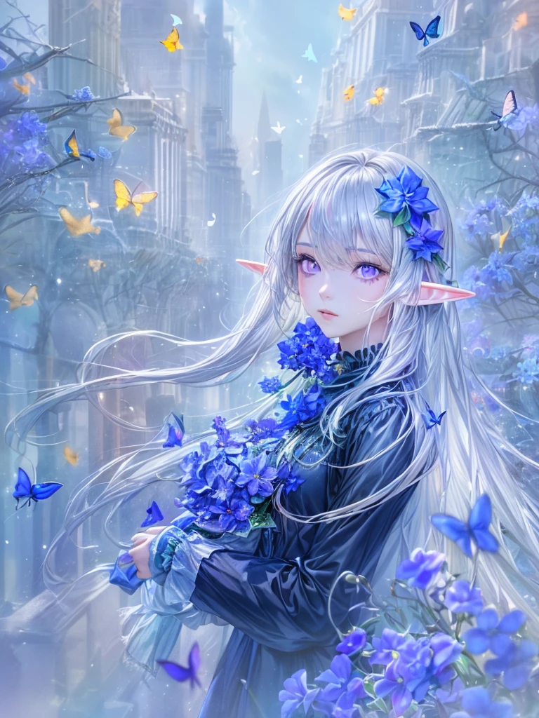 (best impact:1.4), (Maximalism:1.3), (vivid contrast), (Ultra-luxurious light:1.2), (diffuse reflection:1.3), (high speed shutter, motion blur), (HDR, unity 8k wallpaper, extremely detailed CG, ultra highres), BREAK (1girl, solo:1.5), (white silver hair, deep blue dress:1.4), (elf ears:1.4), (violet eyes:1.6), (blue flowers:1.5), (butterflies:1.4), (lush flower garden:1.2), (urban:1.2), BREAK (realistic), super realistic illustration, highres, ultra detailed, absurdres, (Fantastic scenery in richly coloured:1.4), BREAK (very wide:1.3), (panorama view:1.1), (sense of depth:1.5), (long shot:1.3), (magnificent view:1.3), (wind:1.4),
