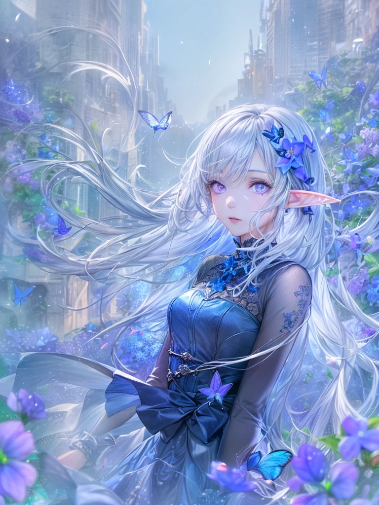 (best impact:1.4), (Maximalism:1.3), (vivid contrast), (Ultra-luxurious light:1.2), (diffuse reflection:1.3), (high speed shutter, motion blur), (HDR, unity 8k wallpaper, extremely detailed CG, ultra highres), BREAK (1girl, solo:1.5), (white silver hair, deep blue dress:1.4), (elf ears:1.4), (violet eyes:1.6), (blue flowers:1.5), (butterflies:1.4), (lush flower garden:1.2), (urban:1.2), BREAK (realistic), super realistic illustration, highres, ultra detailed, absurdres, (Fantastic scenery in richly coloured:1.4), BREAK (very wide:1.3), (panorama view:1.1), (sense of depth:1.5), (long shot:1.3), (magnificent view:1.3), (wind:1.4),