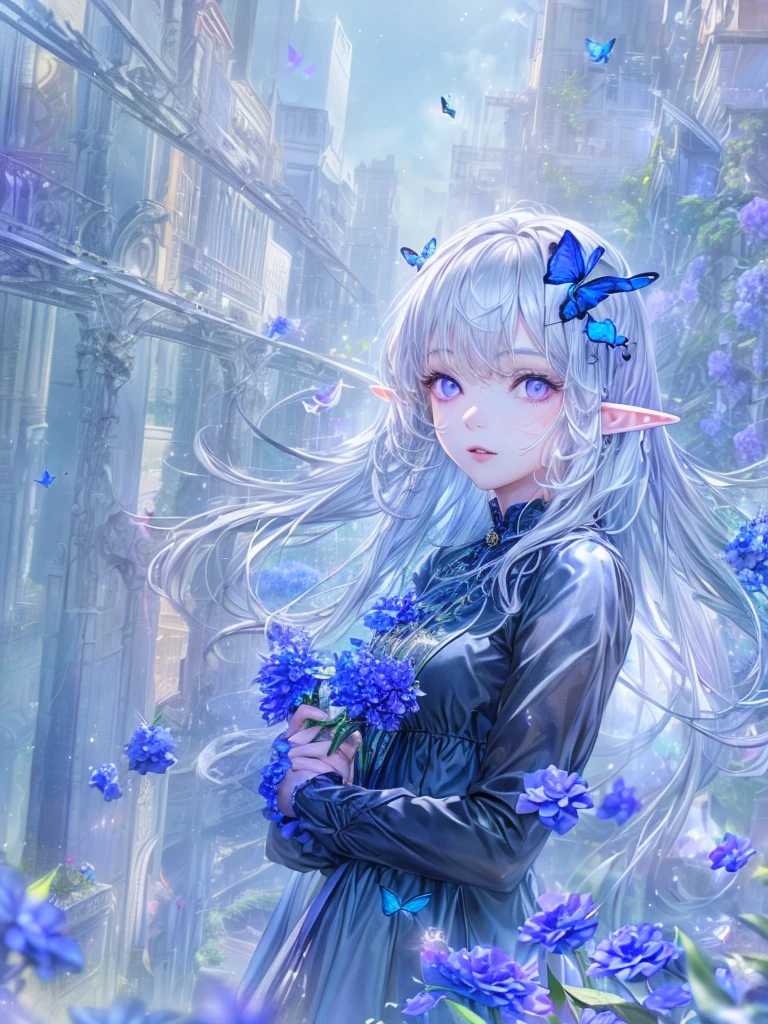 (best impact:1.4), (Maximalism:1.3), (vivid contrast), (Ultra-luxurious light:1.2), (diffuse reflection:1.3), (high speed shutter, motion blur), (HDR, unity 8k wallpaper, extremely detailed CG, ultra highres), BREAK (1girl, solo:1.5), (white silver hair, deep blue dress:1.4), (elf ears:1.4), (violet eyes:1.6), (blue flowers:1.5), (butterflies:1.4), (lush flower garden:1.2), (urban:1.2), BREAK (realistic), super realistic illustration, highres, ultra detailed, absurdres, (Fantastic scenery in richly coloured:1.4), BREAK (very wide:1.3), (panorama view:1.1), (sense of depth:1.5), (long shot:1.3), (magnificent view:1.3), (wind:1.4),