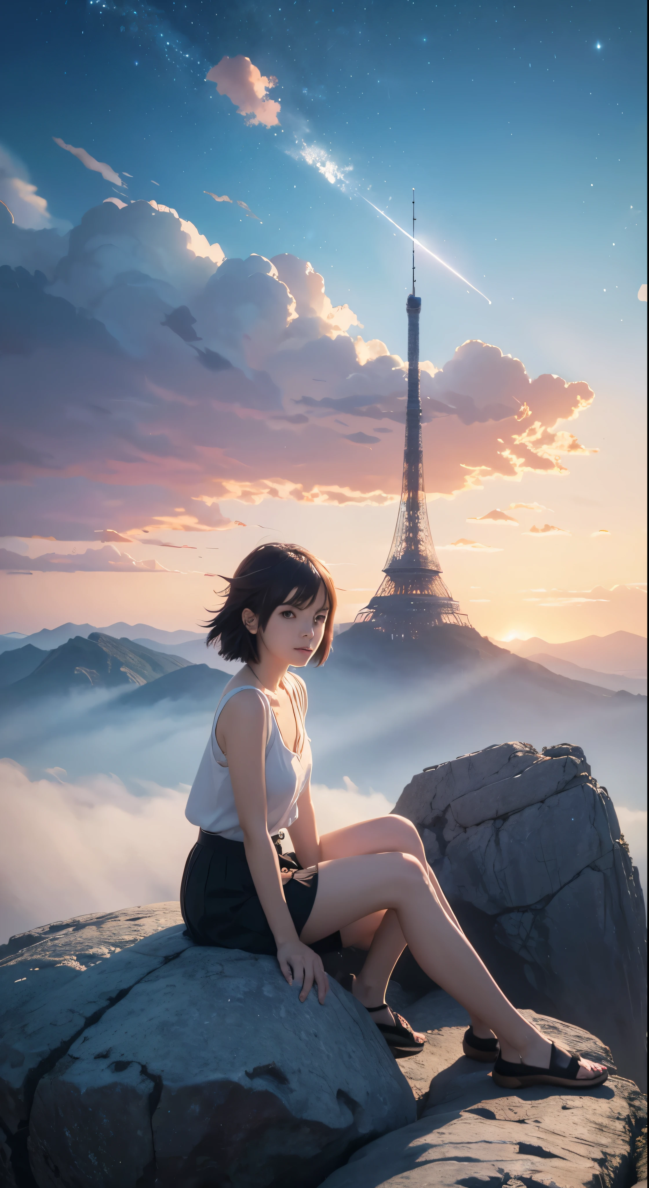 anime girl sitting on a rock looking at the sky,a sky piercing tower far far away, makoto shinkai cyril rolando, anime art wallpaper 4 k, anime art wallpaper 4k, cyril rolando and goro fujita, anime art wallpaper 8 k, 4k anime wallpaper, anime wallpaper 4 k, anime wallpaper 4k, ( ( makoto shinkai ) ), makoto shinkai!