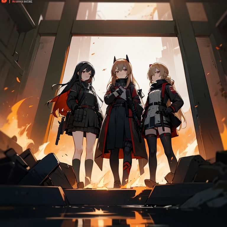 Three anime girls with guns standing in front of the fire., frontline girls style, from frontline girls, frontline girls cg, fine details. frontline girls, frontline girls universe, frontline girls, Kantai Collection Style, m4 sopmod ii frontline girls, red line anime movie style, By Jin Homura, animated visual style, infantry girls, uniform JK
