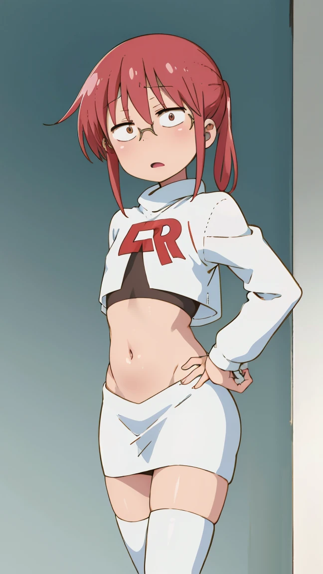 ((badhandv4)) Kobayashi, (Bust size very very small.)), (flat chest:1.2), Posing embarrassed, team rocket uniform, white jacket, white skirt, thighhigh boots, midriff