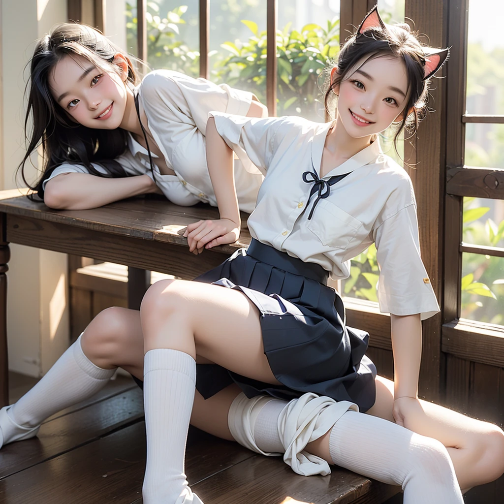 (Tabletop), (Highest quality), Ultra-detailed illustrations，Beautiful artwork，One Girl，alone，Japanese ，(school uniform)，(Loose socks INI skirt，White leg warmers，Big smile，See the cat，summer，Light leakage，Leaning forward，From below，(Bokeh)，