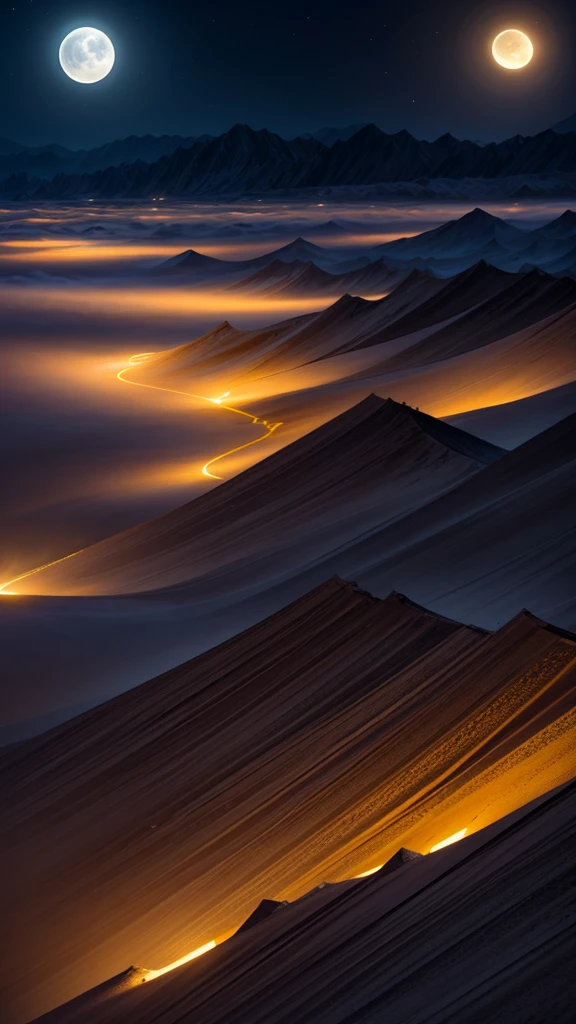 Sandstorm,Qinghai,night,Hill pack,moon,Light,Spectacular,Shock。
