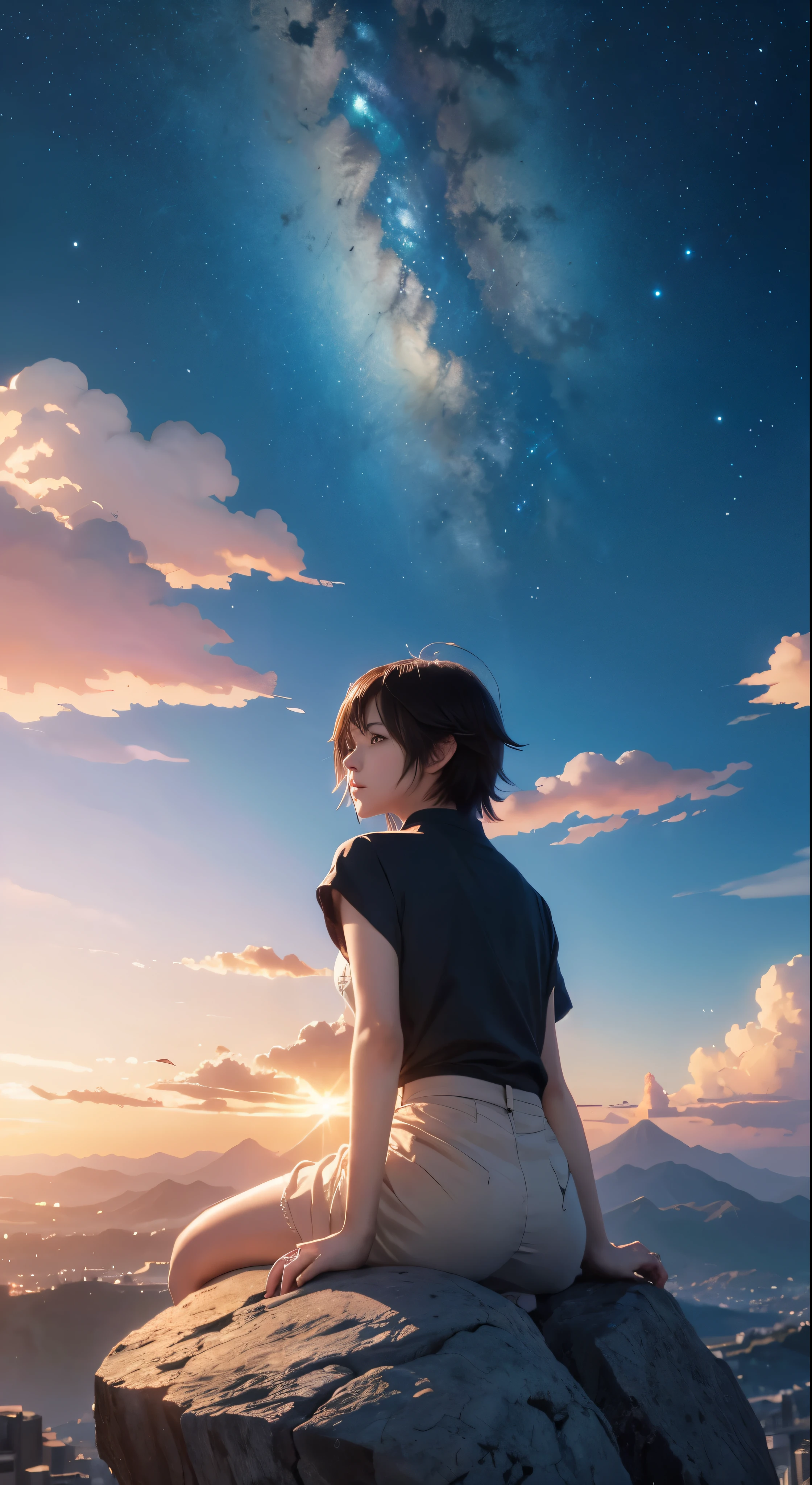 anime girl sitting on a rock looking at the sky,a sky piercing tower far far away, makoto shinkai cyril rolando, anime art wallpaper 4 k, anime art wallpaper 4k, cyril rolando and goro fujita, anime art wallpaper 8 k, 4k anime wallpaper, anime wallpaper 4 k, anime wallpaper 4k, ( ( makoto shinkai ) ), makoto shinkai!