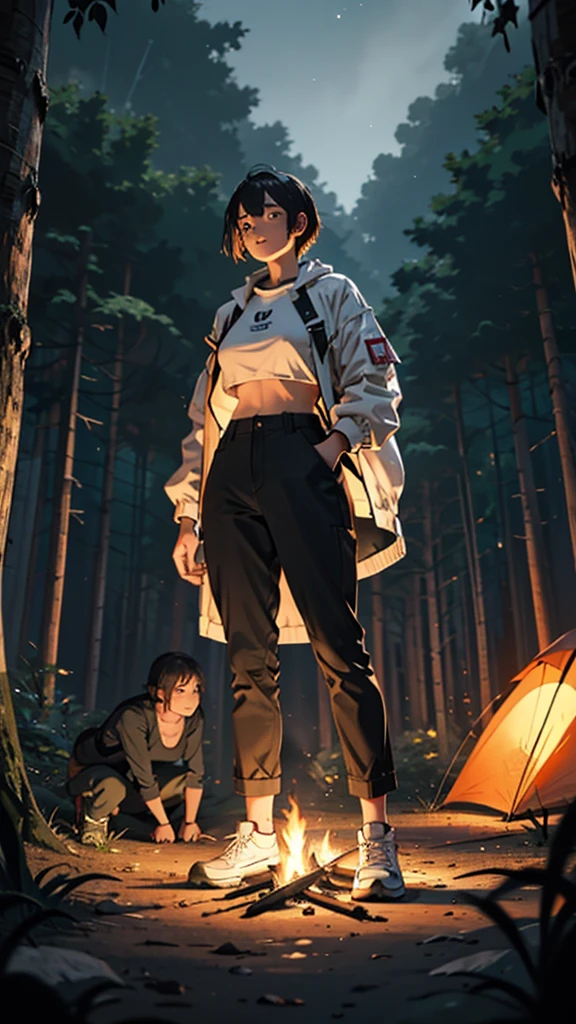 A couple is camping in the forest hills. The girl is wearing short clothes, her hips are big. It is night and a fire is burning.