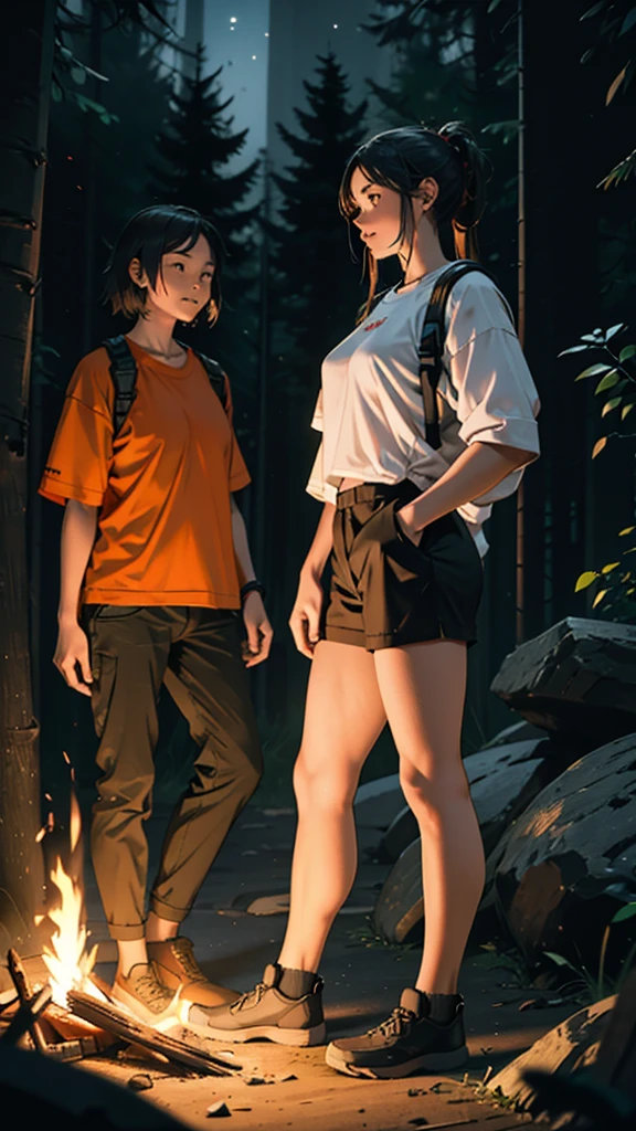 A couple is camping in the forest hills. The girl is wearing short clothes, her hips are big. It is night and a fire is burning.