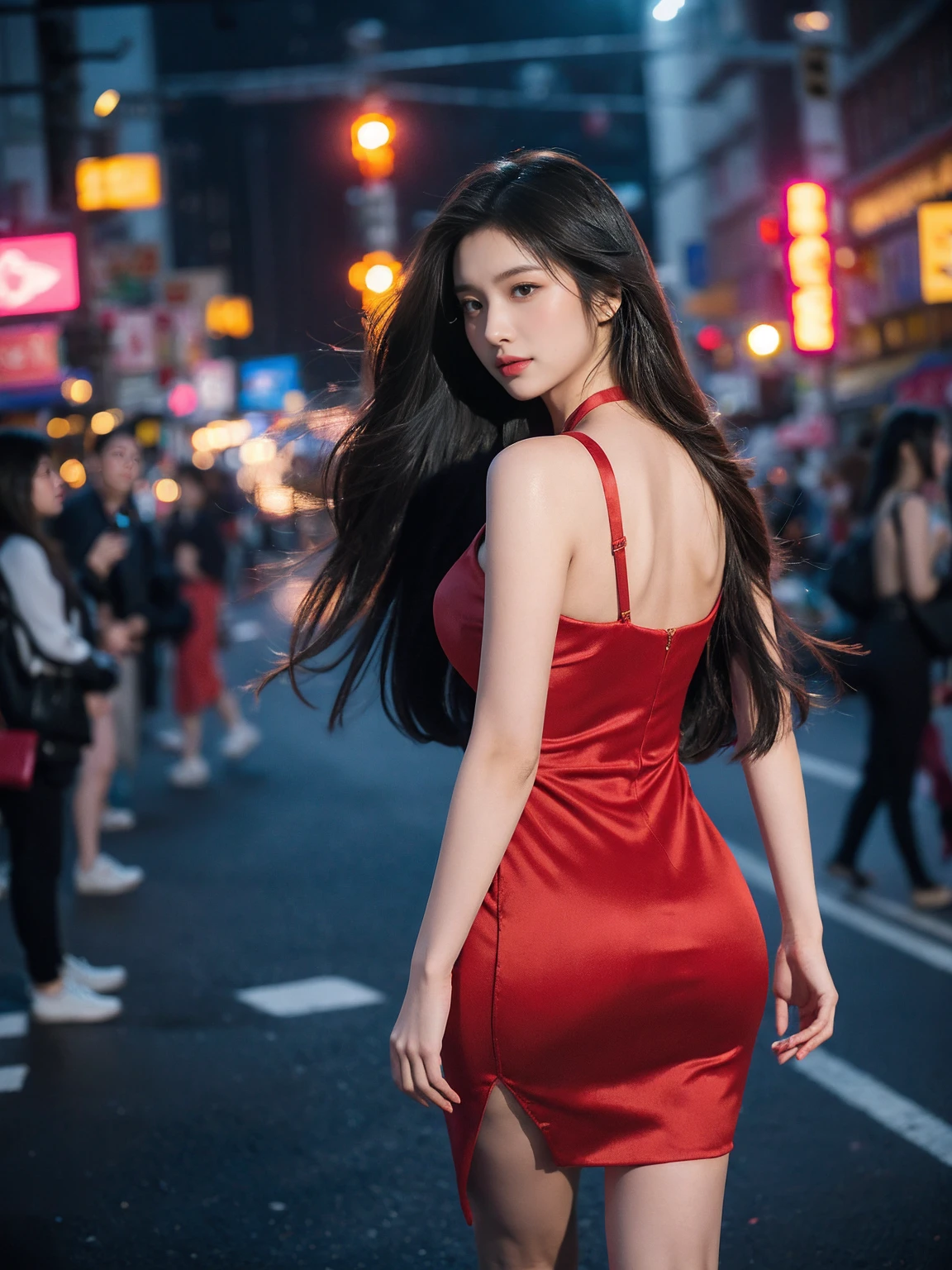 A beautiful girl walking in the night city, long black hair, fair skin, oval face, large sparkling eyes, wearing a sexy, form-fitting wine-red dress that accentuates her stunning figure, black high heels, holding a small black handbag. She is standing in a bustling street with neon lights and street lamps creating a dreamy atmosphere. The tall buildings with colorful lights in the background. The scene has realistic lighting, capturing soft light reflections on her hair and face from the street lamps. The image is highly detailed and photorealistic, as if taken with a DSLR camera, with a natural depth of field and sharp focus. She is positioned at one-third of the frame, creating a more artistic composition. She has a soft smile on her face, and the ambiance is lively yet romantic."