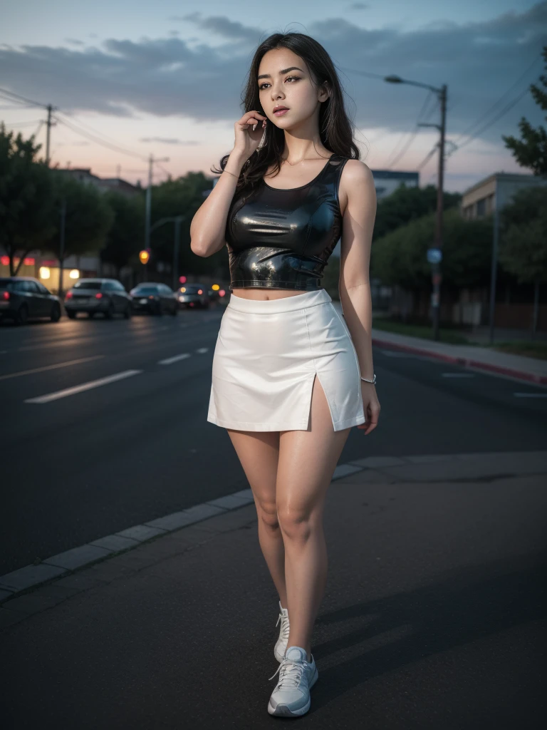 1girl, (uniform), standing, outdoors, night view, detailed Metropolitan city at the background, (zoom out: 1.4), full body view, cute angry face, brunette, big breasts, smooth realistic skin, semi-curvy body, black latex tanktop, black short latex skirt, white sport shoes, looking at the audience, (8k, RAW photo, best quality, masterpiece: 1.2), (realistic, realistic: 1.37), ultra-high resolution