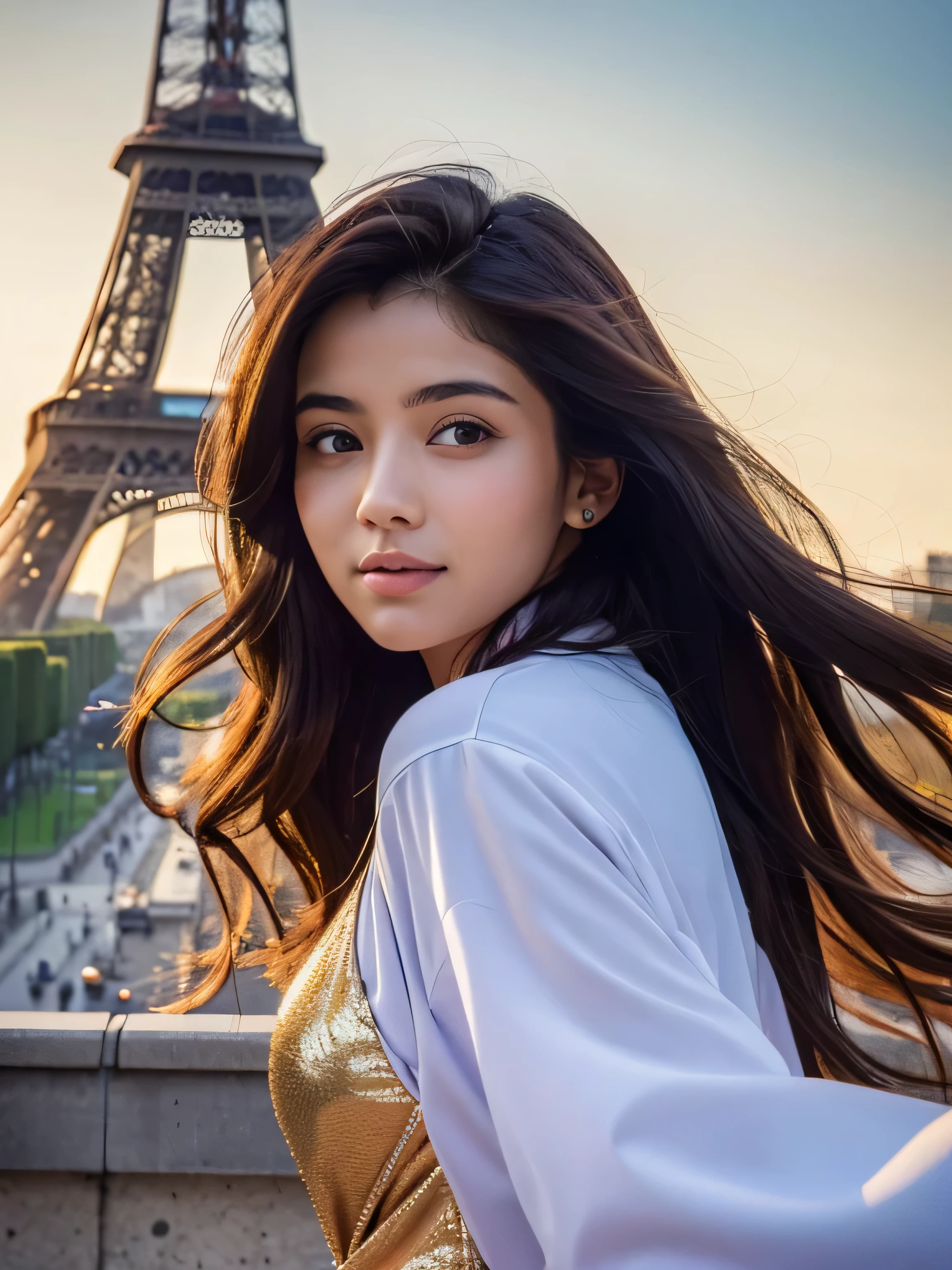 In a majestic shot, a stunning girl with windblown hair and piercing purple eyes stands out against the iconic Eiffel Tower in Paris. Her long, straight golden locks cascade down her back like a river of sunlight. Exquisite facial features are accentuated by big, expressive eyes and thick eyelashes that seem to defy gravity. A radiant smile illuminates her very white skin as she gazes directly at the lens, exuding confidence. Framed by the Eiffel Tower's iron latticework, the athlete wears 2024 Olympic Games attire, her best coordination on full display. Colors and designs dance across her uniform, a testament to Kasturi and Ishiqa's mastery. The interplay of light and shadow creates a stunning HD image, as if frozen in time.