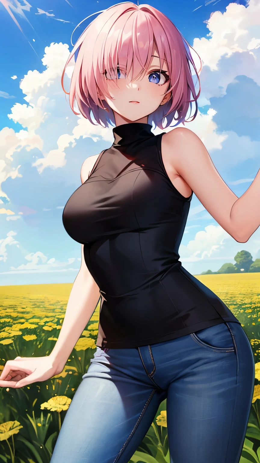 ((masterpiece)), (Top quality portraits), 1 Female, With dandelions, (Hair on one eye), Pink short haircut, Wearing a black turtleneck sleeveless T-shirt, Denim pants, In the dandelion field, Beautiful eyes in every detail, Gorgeous face with attention to detail, Perfect body, Dynamic pose, Perfect Shading, Intricate details, Pixiv, Krentz Kuschaert, (Hair on one eye), Brown Pixie Haircut,
