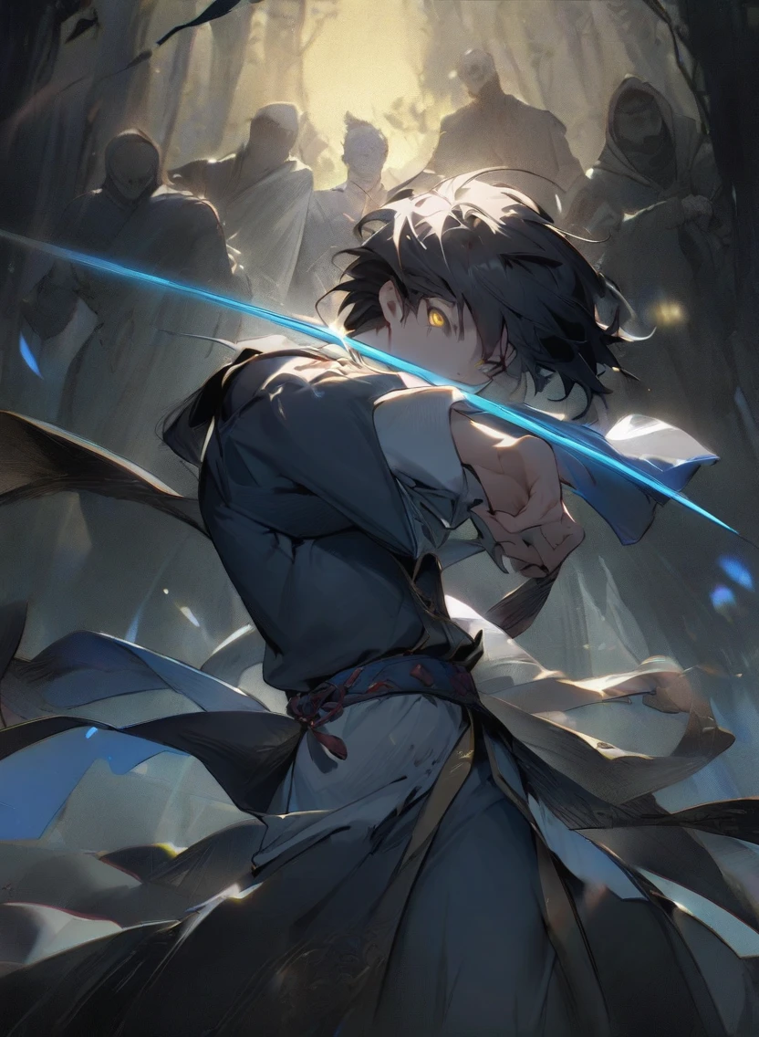 highest quality、masterpiece、man in silhouette、dark scary background、suspicious light young man ,Male Dark, dark Woods, dark blue colors, monk dnd, man with yellow eye, Kungfu Tai Chi Clothes costume style,