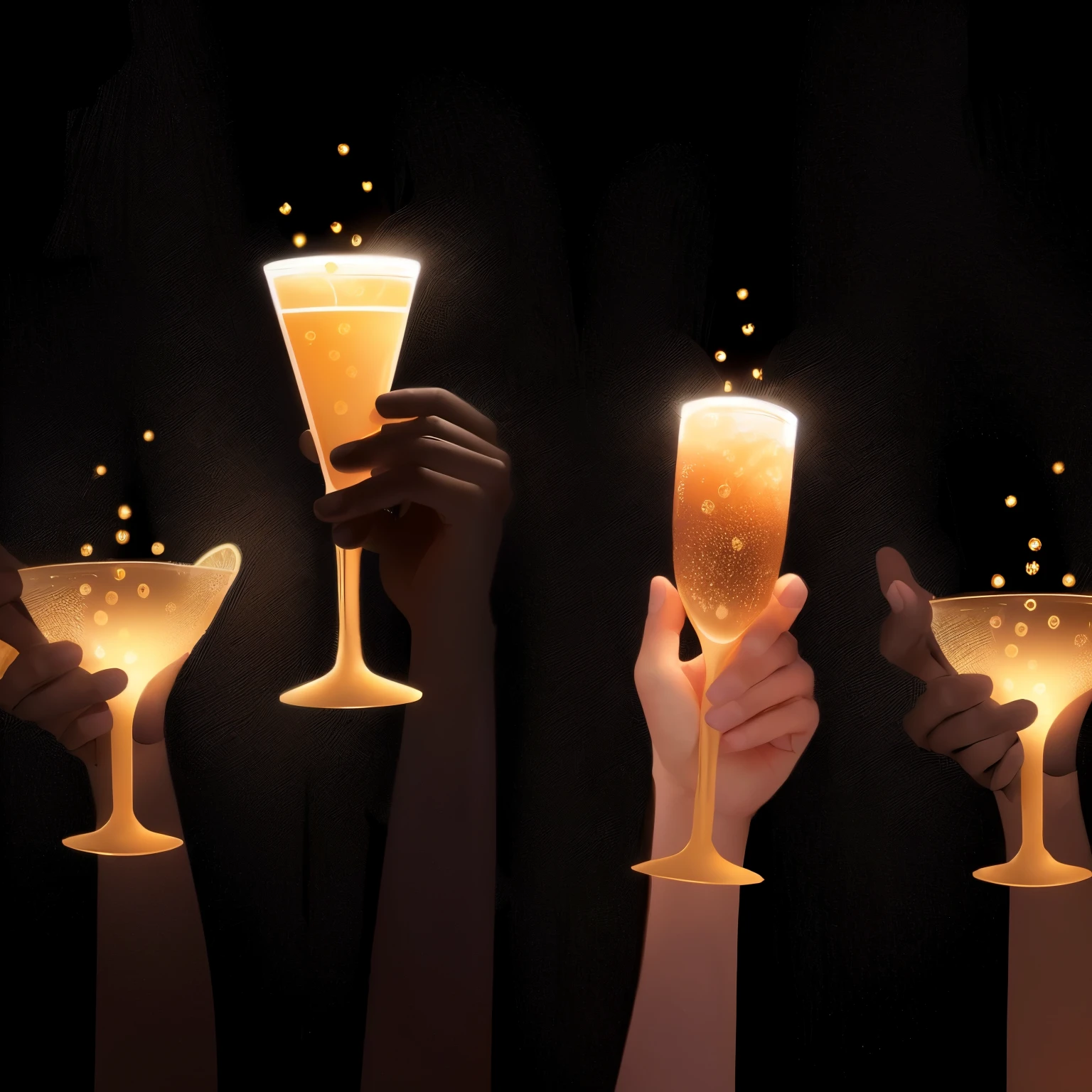 several people holding Champagne glasses in their hands with a black background, cheers, drinking Champagne, Simple illustration, celebration, people々Drink a cocktail, Hands in the air, Champagne, Flat Illustration, Put your hands up, Holding a drink, Flask in hand, atmosphere, Champagne commercial, Exciting Illustrations, charcoal and Champagne, Raise your hands in the air, funny illustration