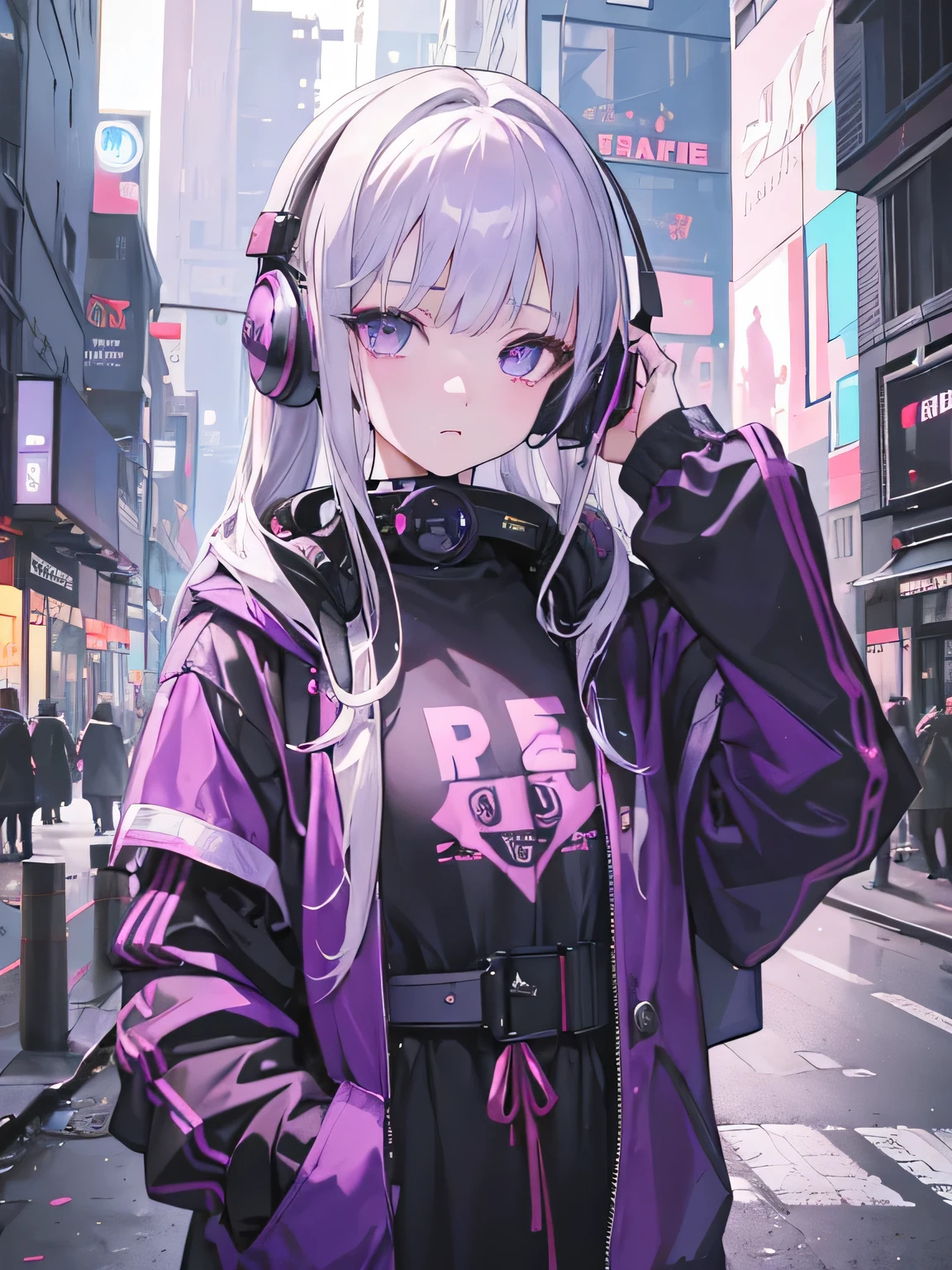 1 girl, by white, by the wide, tech clothing masterpiece, Best Quality, realist, Realism, dark purple jacket, portrait, detailed eyes, Using headphones, platinum hair, 21 year old girl, fashion pose, half body, wide shot, on the street, cyberpunk