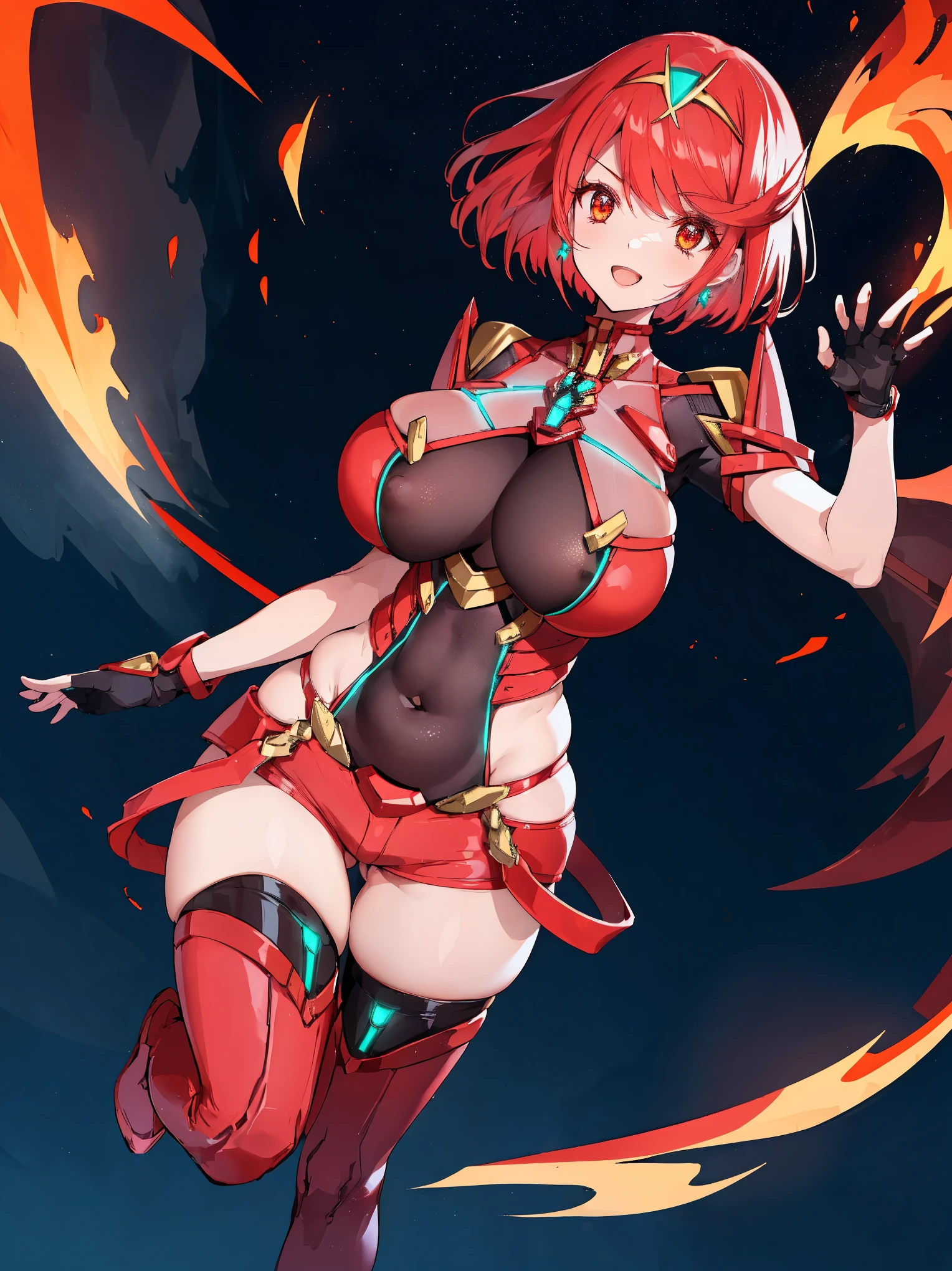 pyra \(xenoblade\), young__1girl, armor, bangs, black gloves, breasts, red eyes, closed mouth, earrings, eyelashes, fingerless gloves, floating hair, framed breasts, gem, gloves, hair ornament, headpiece, jewelry, big_breasts, leaning back, leotard, neon trim, official art, pose, red hair, red shorts, saitou masatsugu, short hair, short shorts, short sleeves, shorts, sidelocks, skin tight, solo, standing, swept bangs, thighhighs, tiara, night_prairie_background, turtleneck, underbust, vambraces, xenoblade chronicles \(series\), (xenoblade chronicles 2), apart_legs, fire_effect,dynamic_pose_fighting,light_smile, (plump:1.1), big_ass,huge_sword, hold_large_sword_hilt, solo, covered_nipples, covered_pussy,open_mouth,back_view,