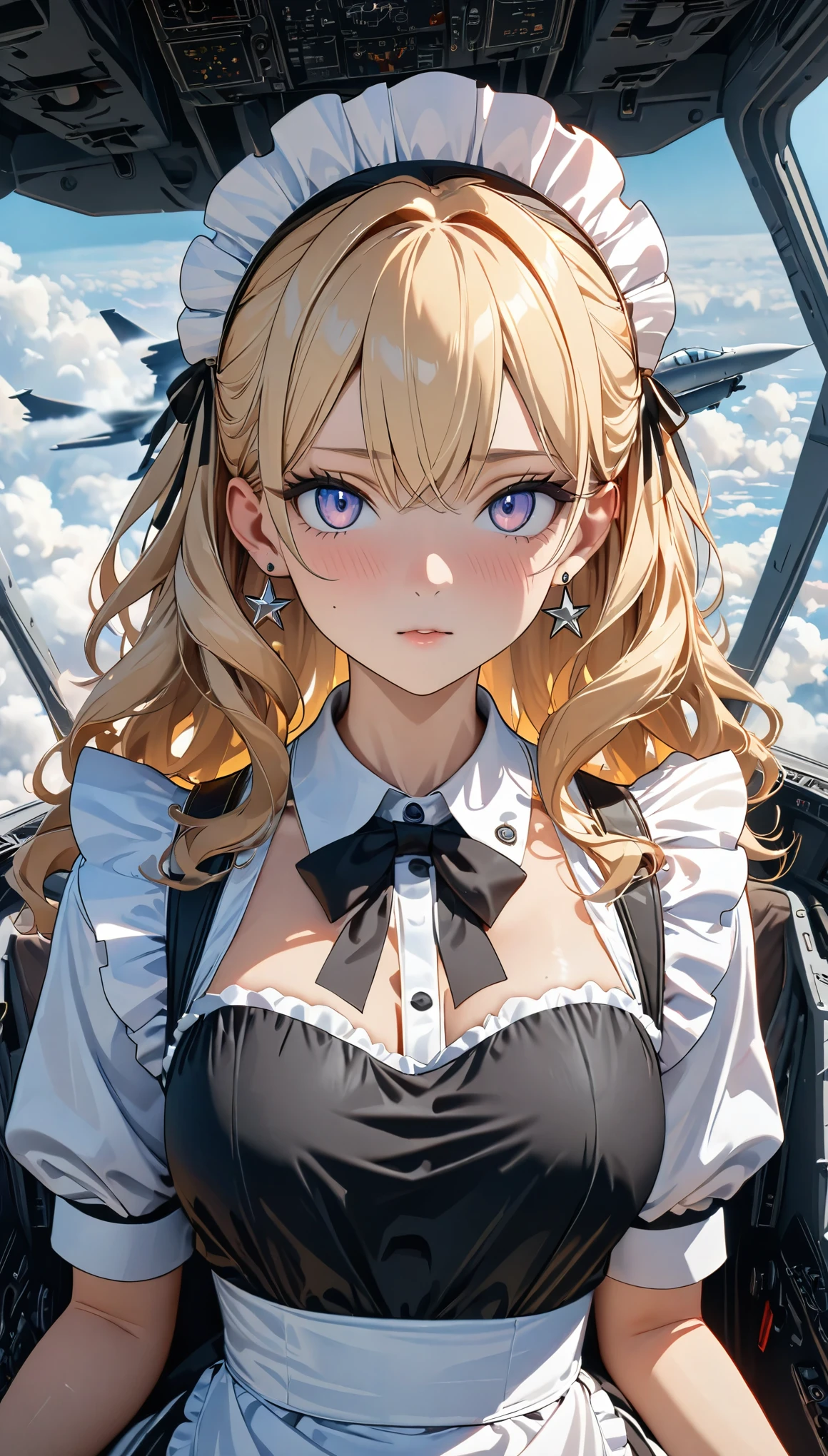 ((best quality)), ((masterpiece)), (detailed), perfect face, ((Best quality, 8k, Masterpiece: 1.3)), Sharp focus, Highly detailed face and skin texture, Detailed eyes, Light blonde, shoulder-length, wavy hair, star earrings, A maid costume with frills, white brim, high resolution, Textured skin, anime style, A maid boarding a fighter jet, maids acting as pilots, inside the cockpit, Air Force, Flying above the clouds