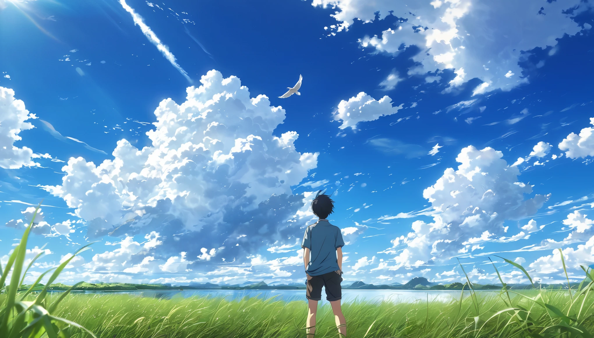 anime, anime landscape, Man watching the clouds, In the grassland, creative, Realist, White cloud, blue sky, Wonderful landscape, Man looking away from the camera, Wide Photography, Realistic grass, Flying Bird. The middle lake, The sky is reflected in the lake, 、youth、Hot summer sky、Raising his fist