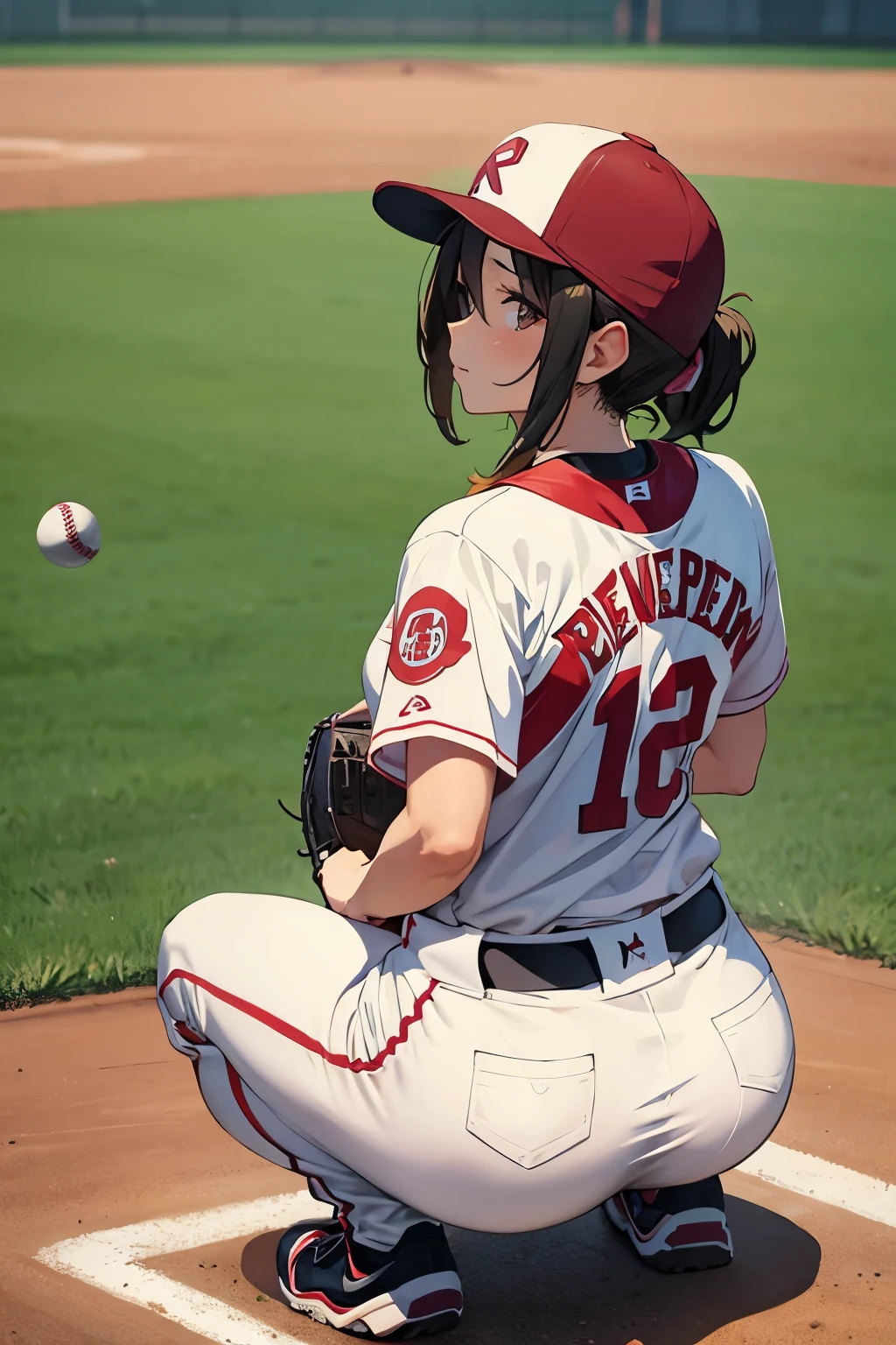baseball、Beautiful mature woman、fielder、Adorable expression、cute、squat、Back view、Turn your back