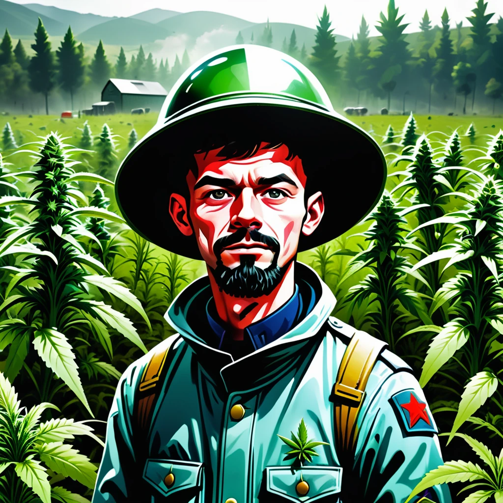 poster, soldier with brush cut collective weed farm