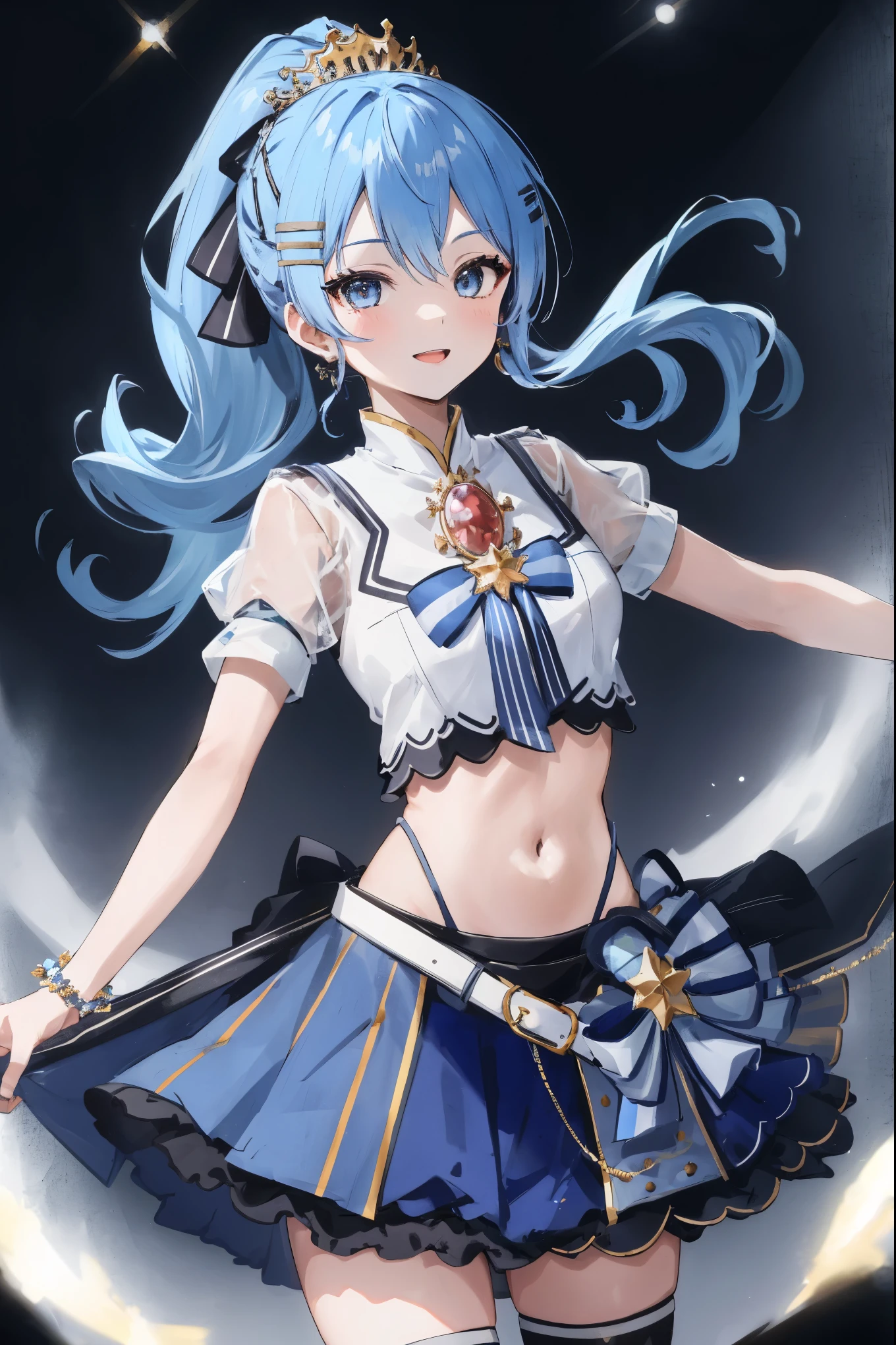 masterpiece, best quality, absurdres, 1girl, solo, Hoshimachi Suisei, light blue hair, blue eyes, happy, smile, parted lips, cowboy shot, sidelocks, ponytail, toned, 
idol, idol clothes, hololive idol uniform, bowtie, blue skirt, brooch, dress, concert, on stage, frilled skirt, jewelry, layered dress, short sleeves, tiara, midriff, thighhighs(,shout:1.5),.(open_mouth:1.3),singing,(angry:0.6), (glare:0.6), idle_live,audience_landscape,light up_girl,solo,shiny_effects,smile。joy,happy,(slanted_eyes:1.3)