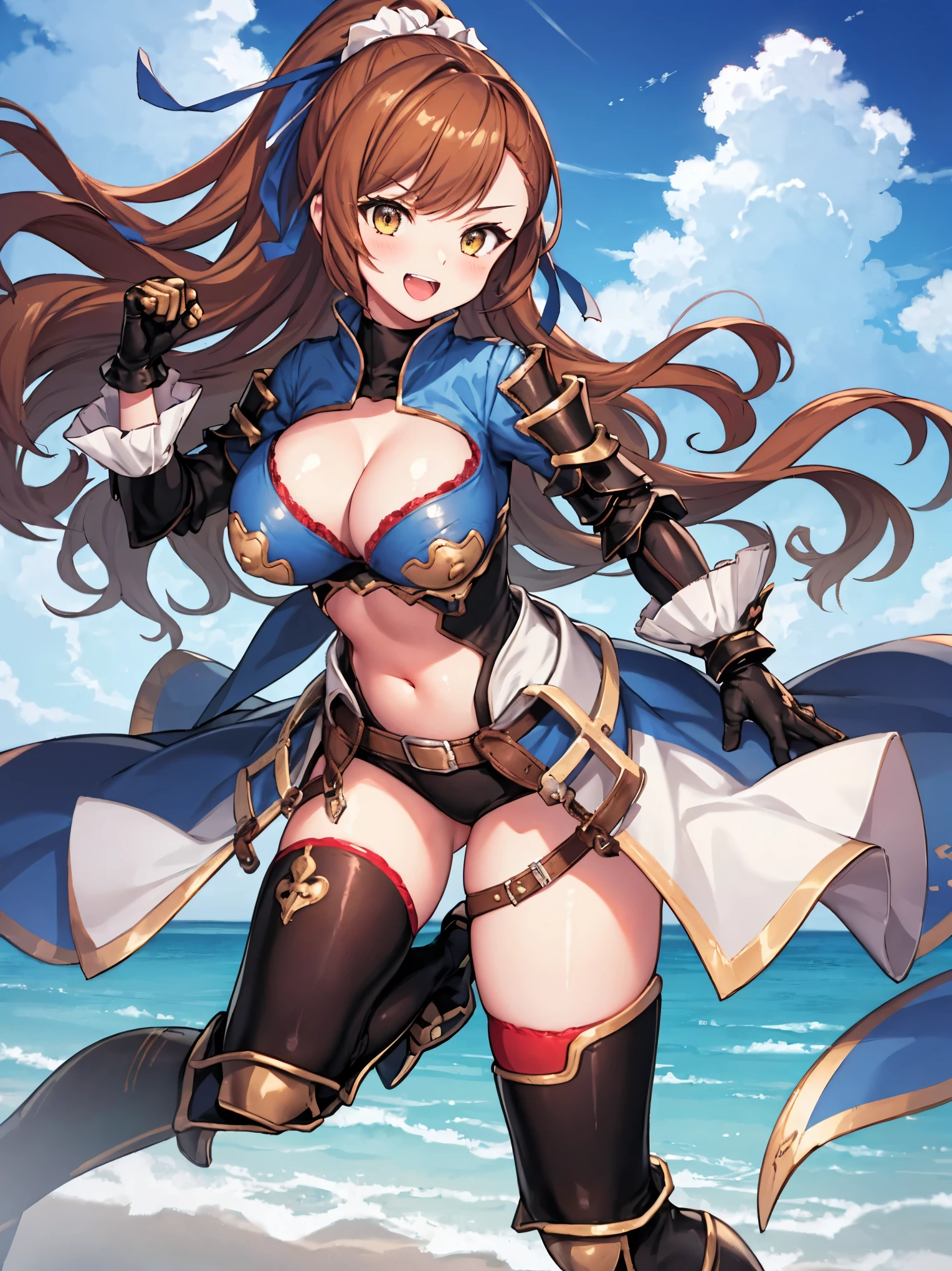 masterpiece, best quality, 1teen_girl,def,beatrix, ponytail, hair ribbon, gauntlets, blue shirt, gloves, cleavage cutout, looking at viewer, big_smile, large breasts, sky_landscape_background ,,happy,covered_nipples,young_,full_of_beans,,laugh,blush,open_mouth,thigh-highs, glower,open_legs,rise_knee,(angry:0.8)