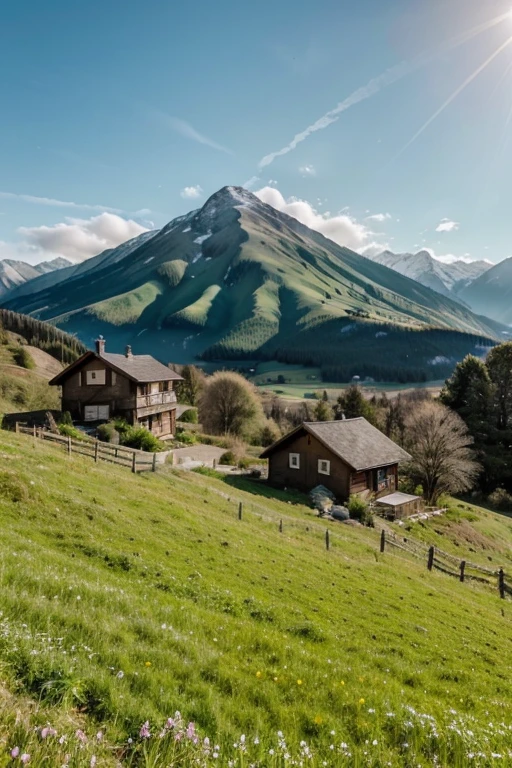 mountain landscape with green meadows, beautiful house, sun with minimal clouds, a few birds. in pastel colors