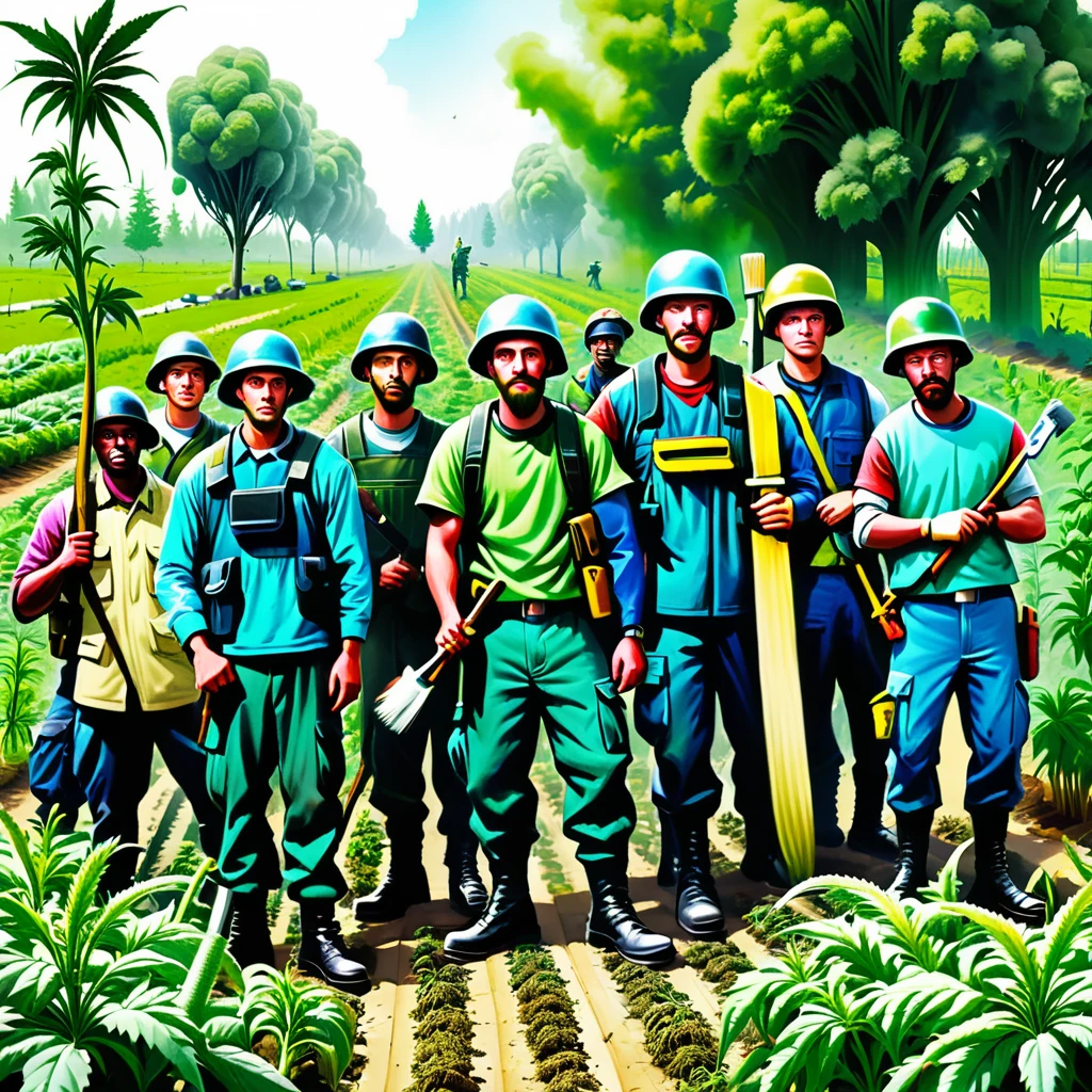 poster, soldiers group with brush cut collective weed farm