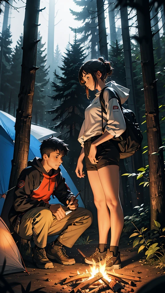 A couple is camping in the forest hills. The girl is wearing short clothes, her hips are big. It is night and a fire is burning.