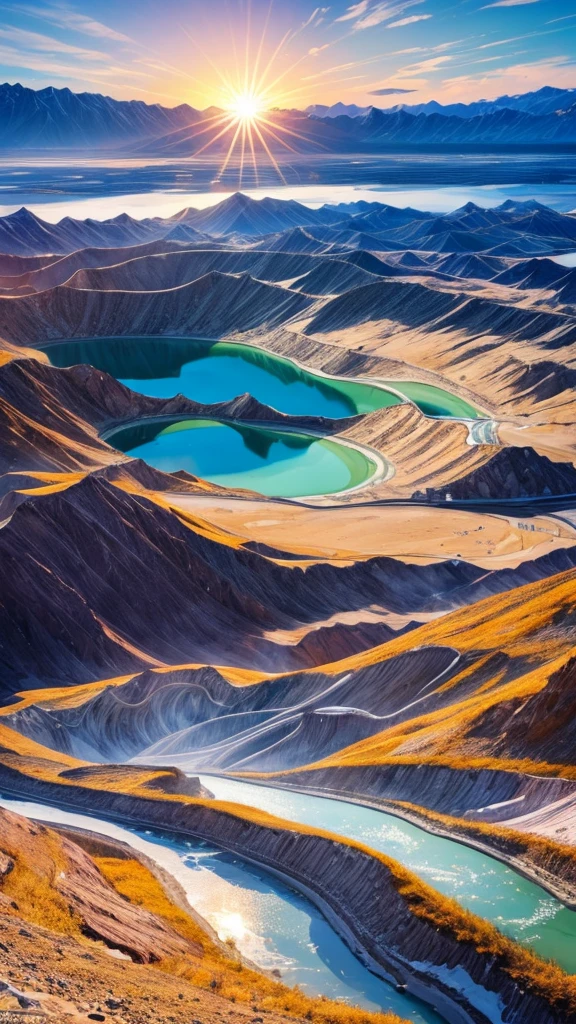 The first salt lake in China,Qinghai,noon,Hill pack,sun,Light,Spectacular,Shock。