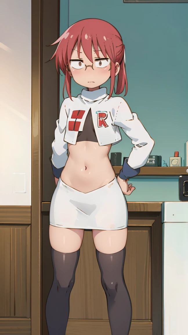 ((badhandv4)) Kobayashi, (Bust size very very small.)),  (flat chest:1.2), Posing embarrassed, team rocket uniform, white jacket, white skirt, thighhigh boots, midriff