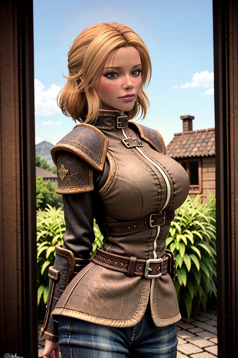 1 girl, masterpiece, 32 yo, female breton beauty sits outdoors in a rustic Skyrim village, surrounded by thatched roofs and lush greenery. The sun casts a warm glow on her porcelain skin as she gazes directly into the camera lens, her piercing green eyes sparkling with a hint of mischief. Her raven tresses cascade down her back like a waterfall, framing her heart-shaped face. A gentle smile plays on her lips, inviting the viewer to step into her whimsical world. blonde hair, fit body, Skyrim style, (female front view:1.3), looking at the viewer.,wearing light armor, female breton