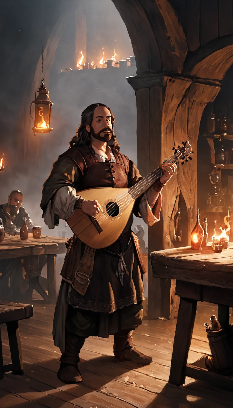 Bard playing the lute, standing on a table in a tavern ; lit by torches; fantasy medieval atmosphere; sombre; many adventurers look at it