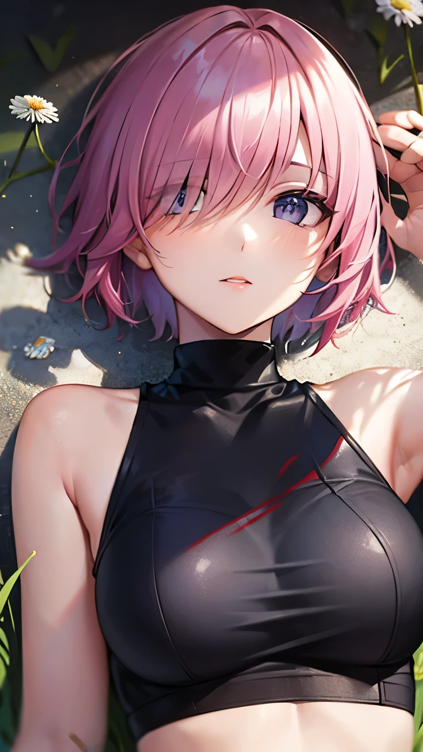 ((masterpiece)), (Top quality portraits), 1 Female, With dandelions, (Hair on one eye), Pink short haircut, Wearing a black turtleneck sleeveless T-shirt, Denim pants, In the dandelion field, Beautiful eyes in every detail, Gorgeous face with attention to detail, Perfect body, Dynamic pose, Perfect Shading, Intricate details, Pixiv, Krentz Kuschaert, (Hair on one eye), Brown Pixie Haircut,